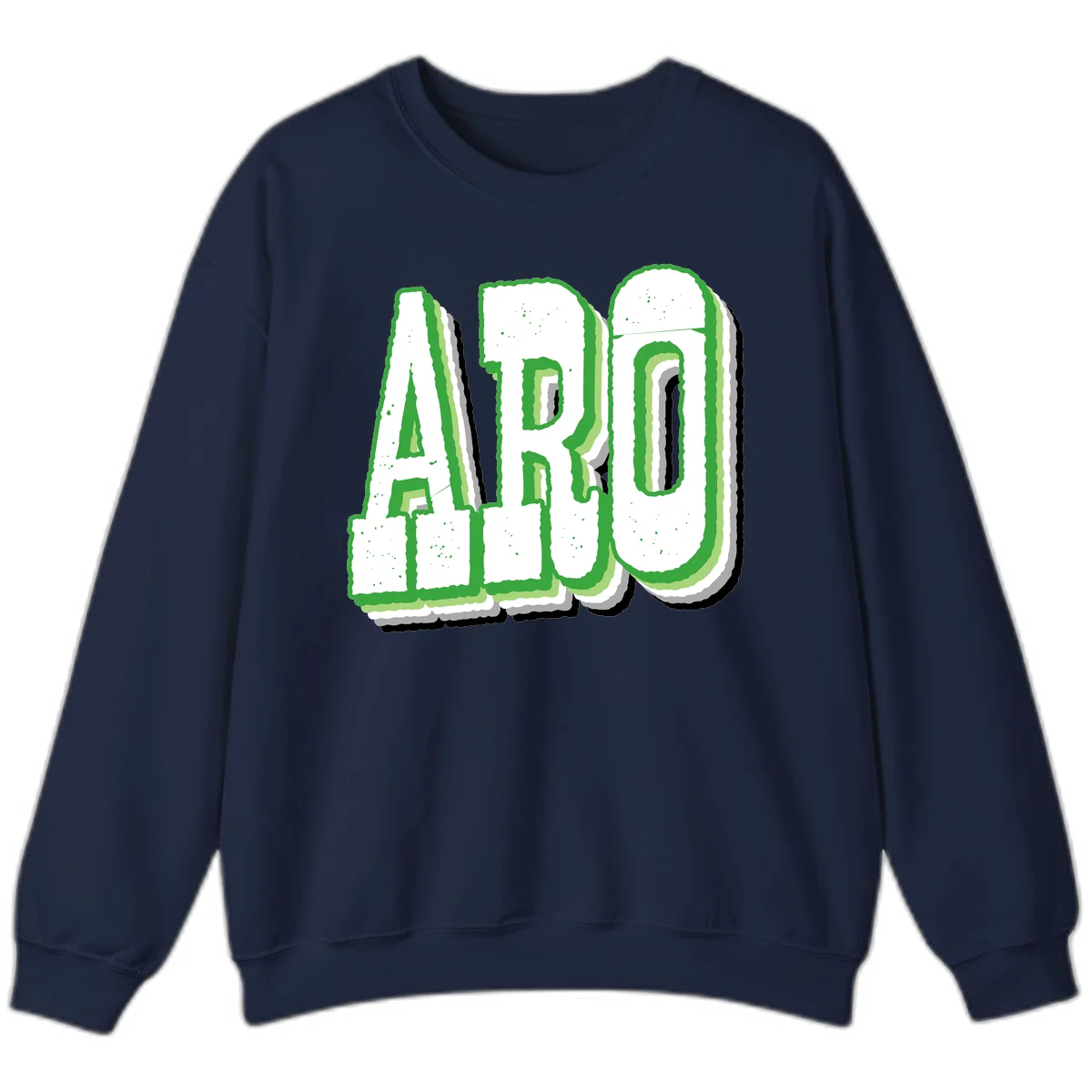 Large 3D block letters spelling ARO in green with textured speckled surface and layered shadow effect in Navy