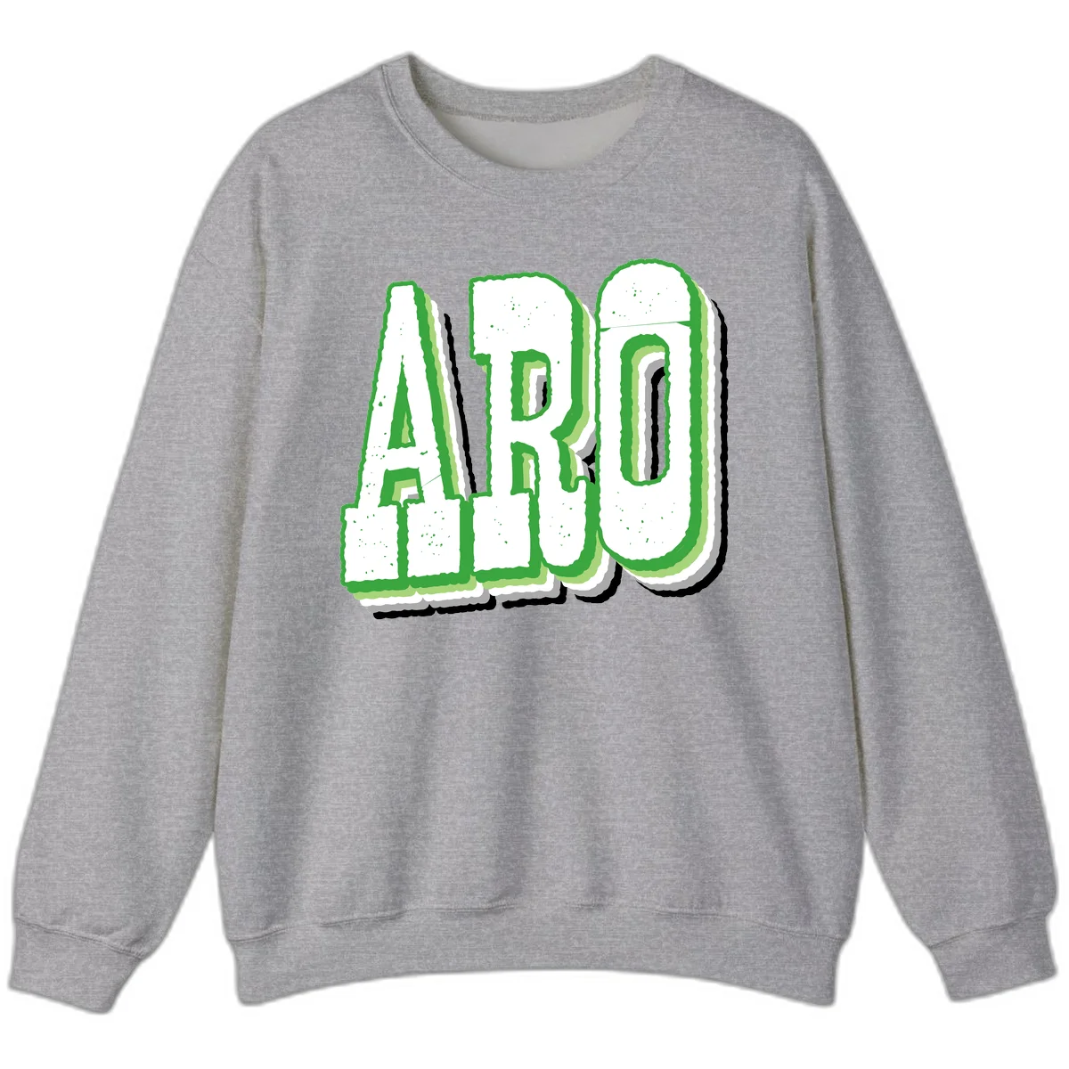 Large 3D block letters spelling ARO in green with textured speckled surface and layered shadow effect in Sport Grey