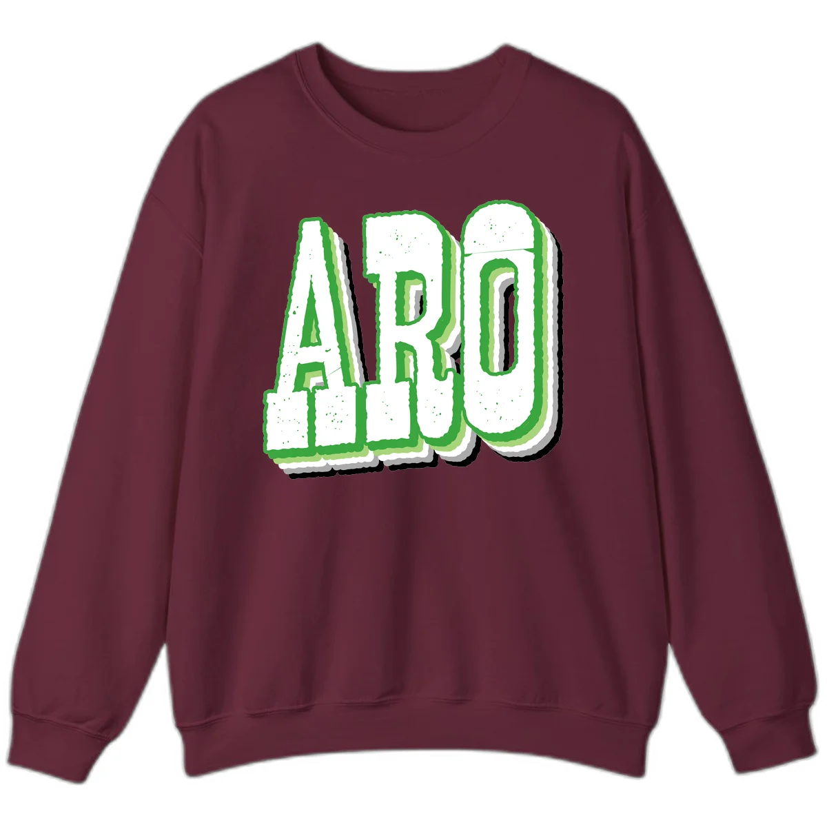 Large 3D block letters spelling ARO in green with textured speckled surface and layered shadow effect in Maroon