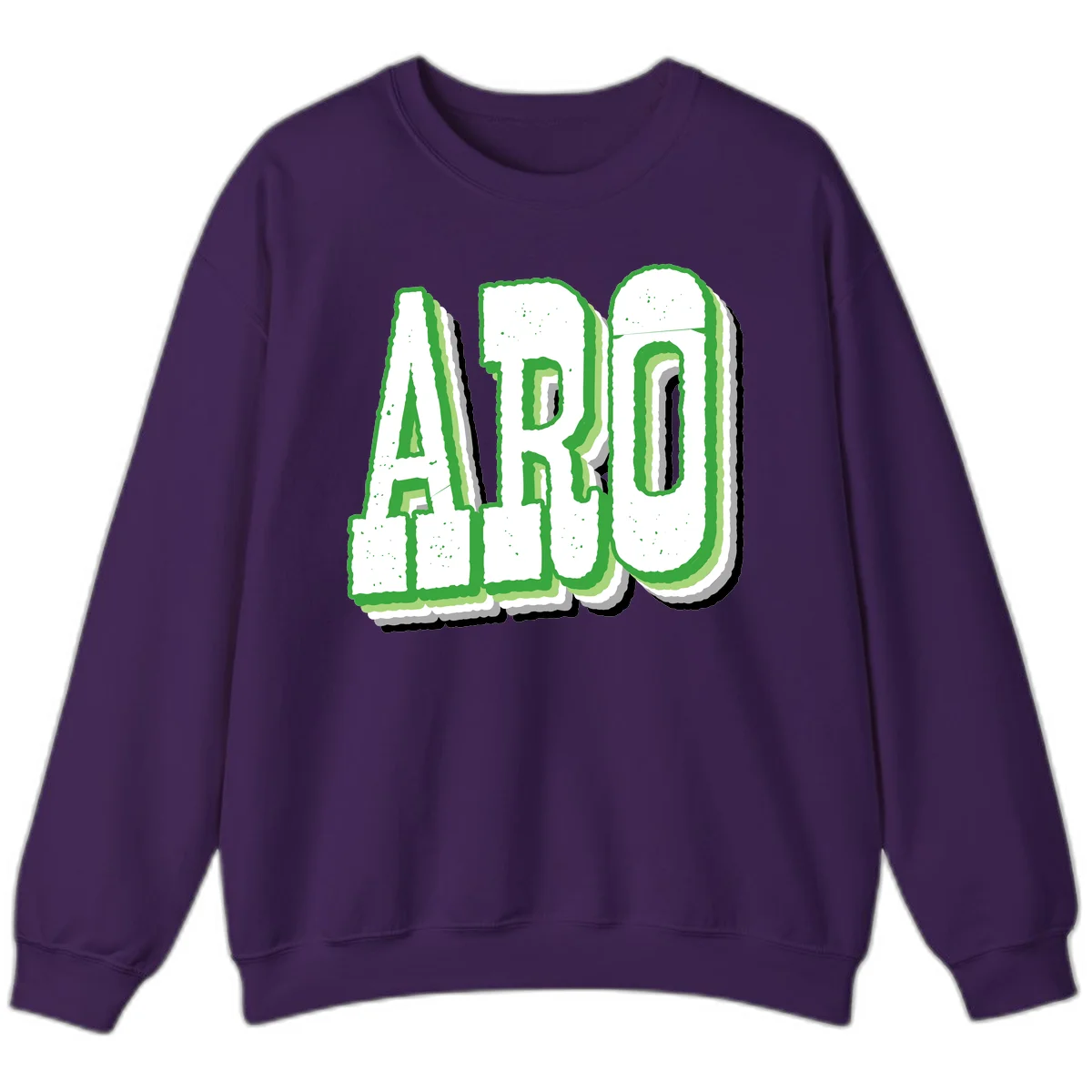 Large 3D block letters spelling ARO in green with textured speckled surface and layered shadow effect in Purple