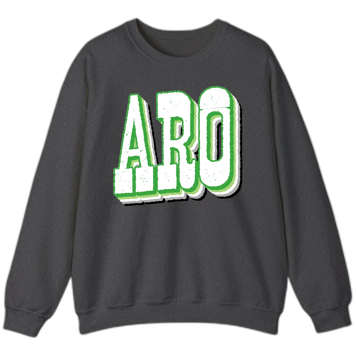 Large 3D block letters spelling ARO in green with textured speckled surface and layered shadow effect in Dark Heather