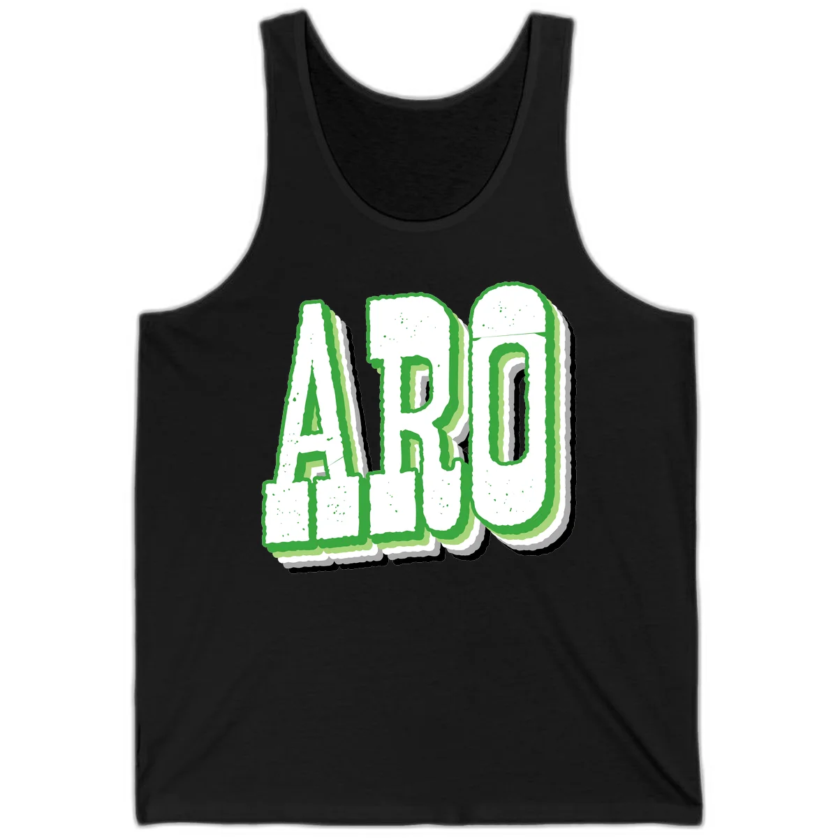 Large 3D block letters spelling ARO in green with textured speckled surface and layered shadow effect in Black