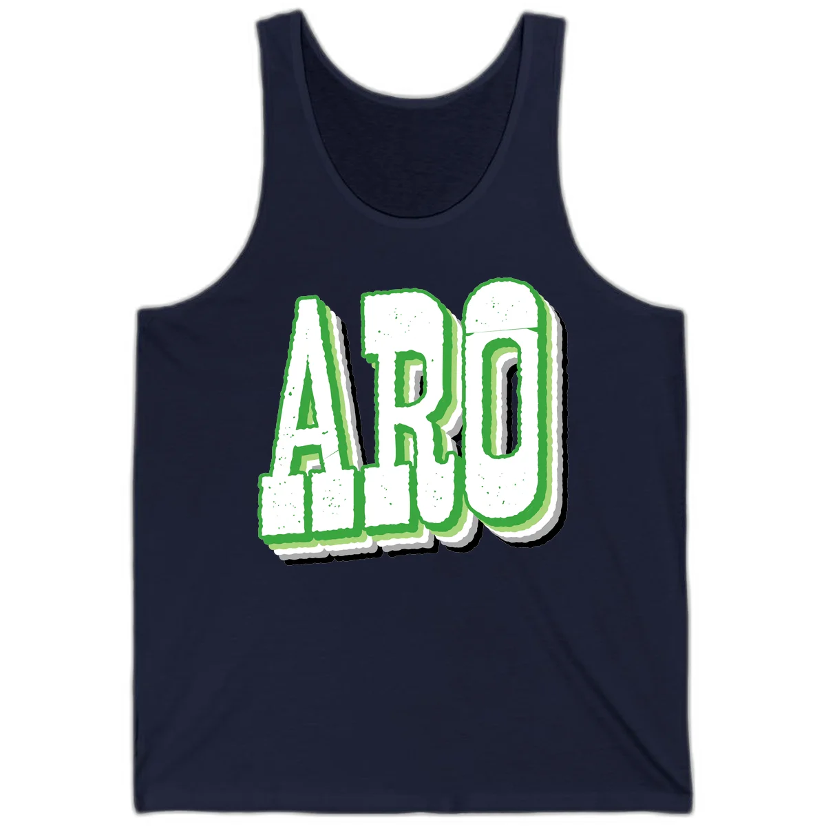 Large 3D block letters spelling ARO in green with textured speckled surface and layered shadow effect in Navy