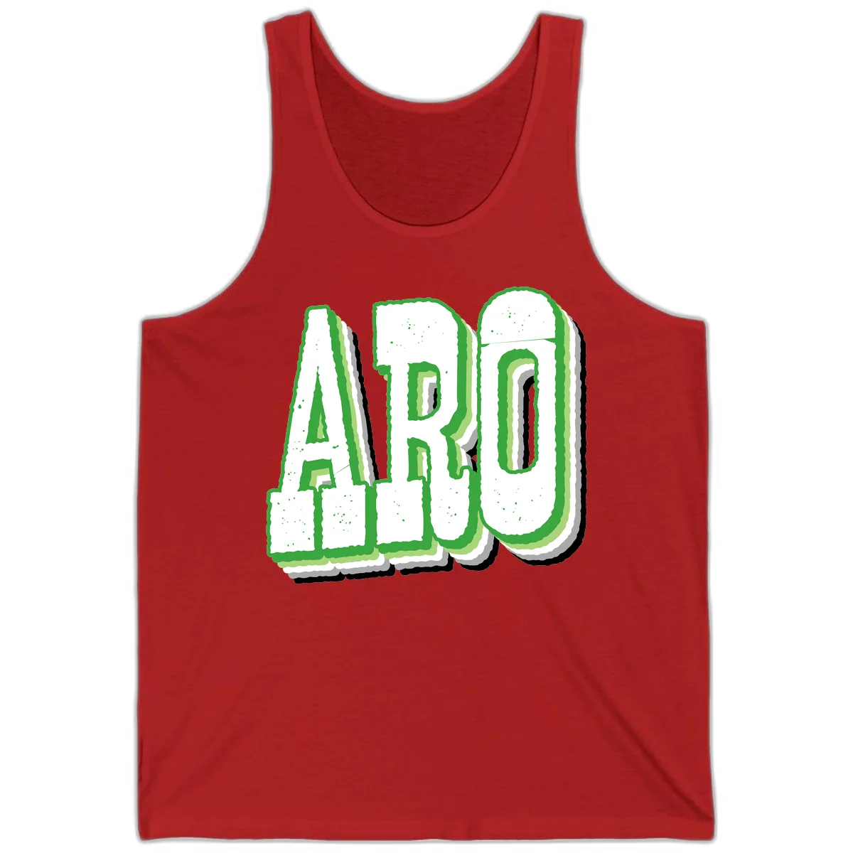 Large 3D block letters spelling ARO in green with textured speckled surface and layered shadow effect in Red