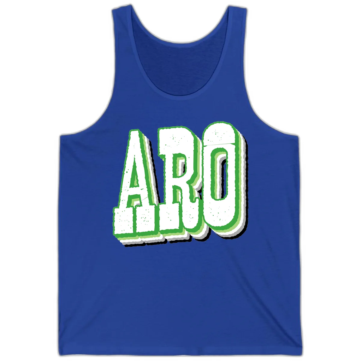 Large 3D block letters spelling ARO in green with textured speckled surface and layered shadow effect in True Royal