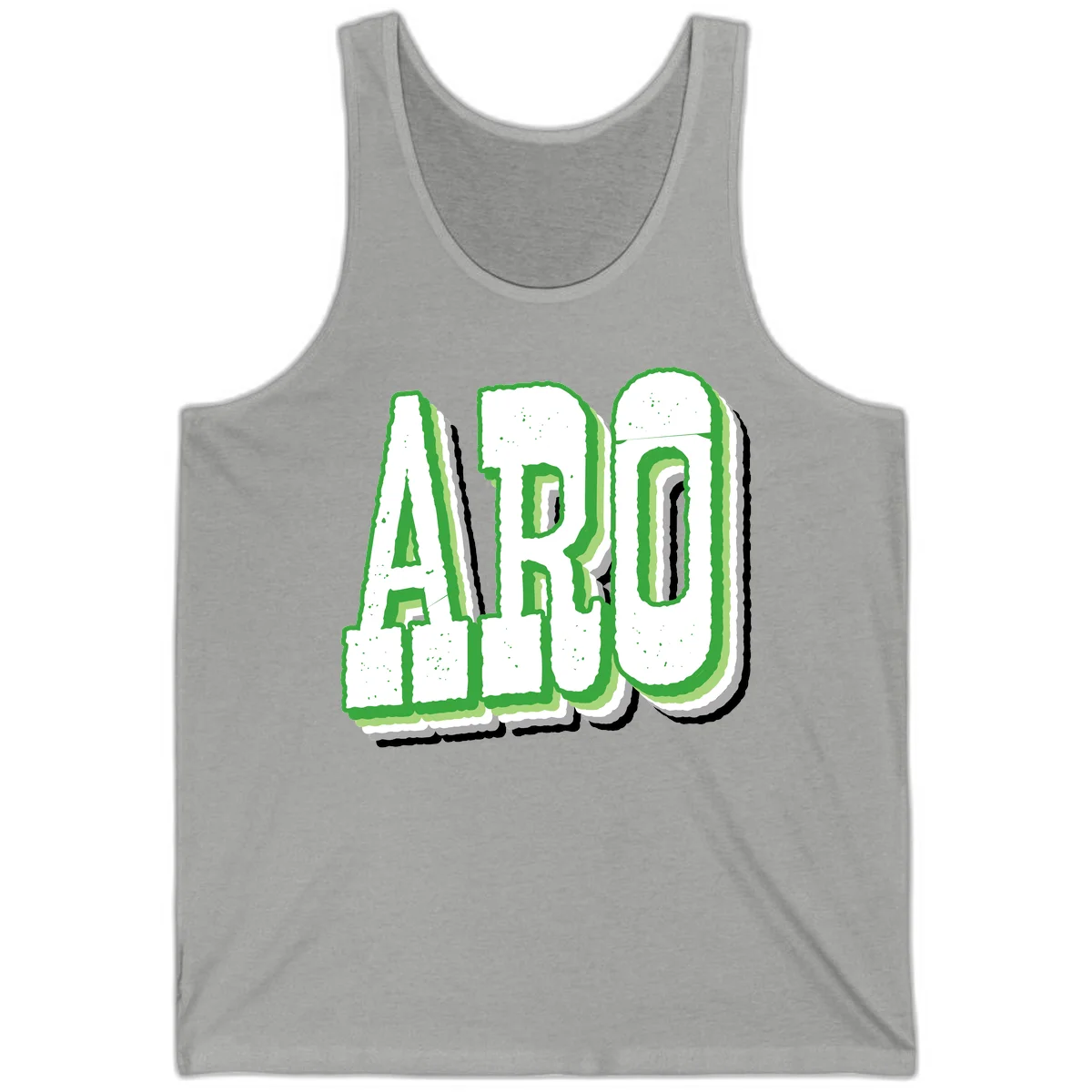 Large 3D block letters spelling ARO in green with textured speckled surface and layered shadow effect in Athletic Heather