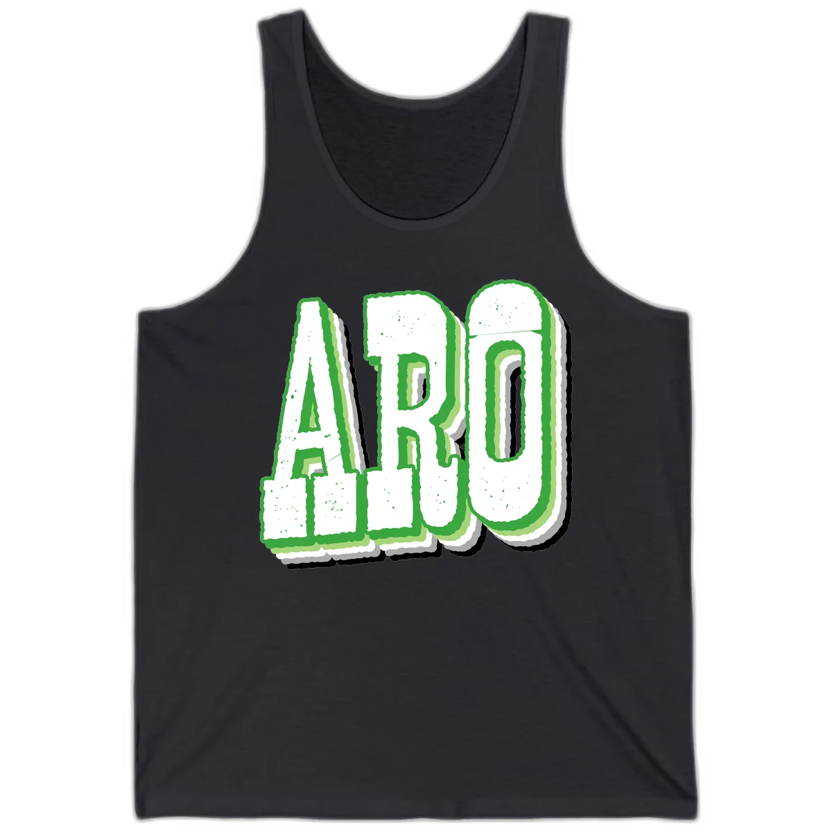 Large 3D block letters spelling ARO in green with textured speckled surface and layered shadow effect in Dark Grey