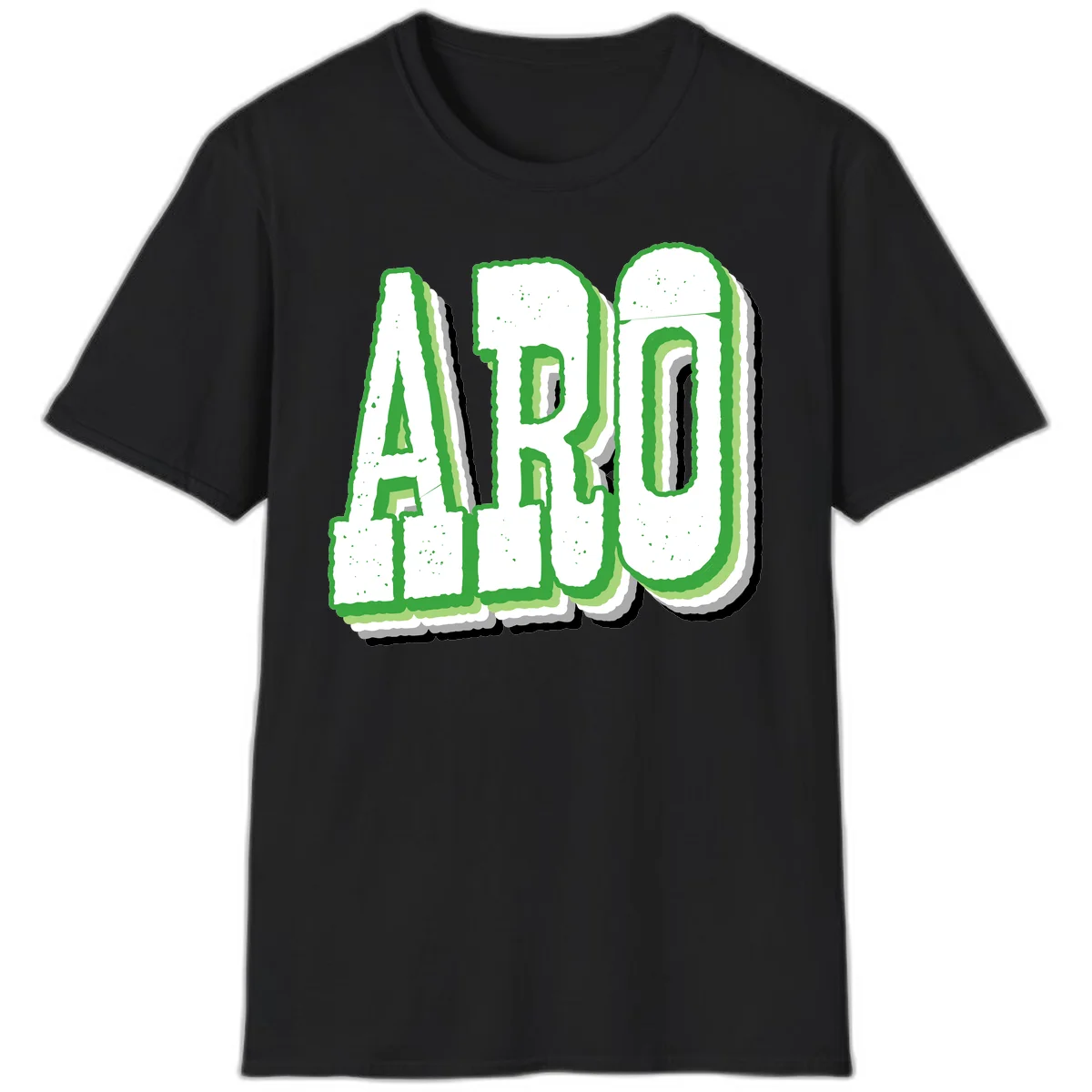 Large 3D block letters spelling ARO in green with textured speckled surface and layered shadow effect in Black