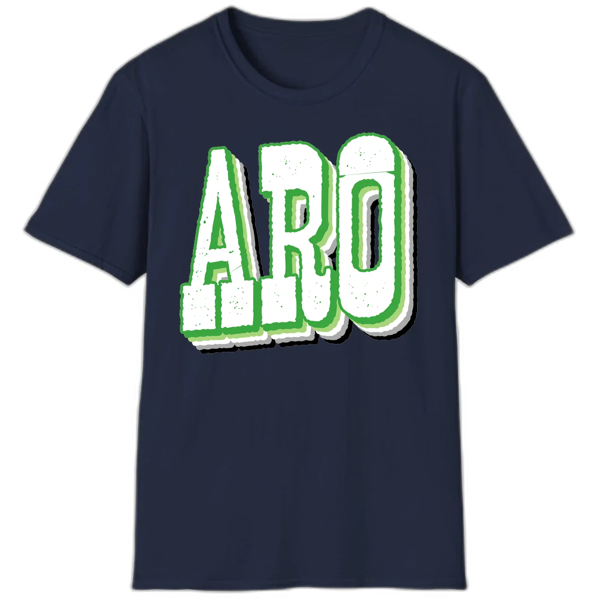 Large 3D block letters spelling ARO in green with textured speckled surface and layered shadow effect in Navy