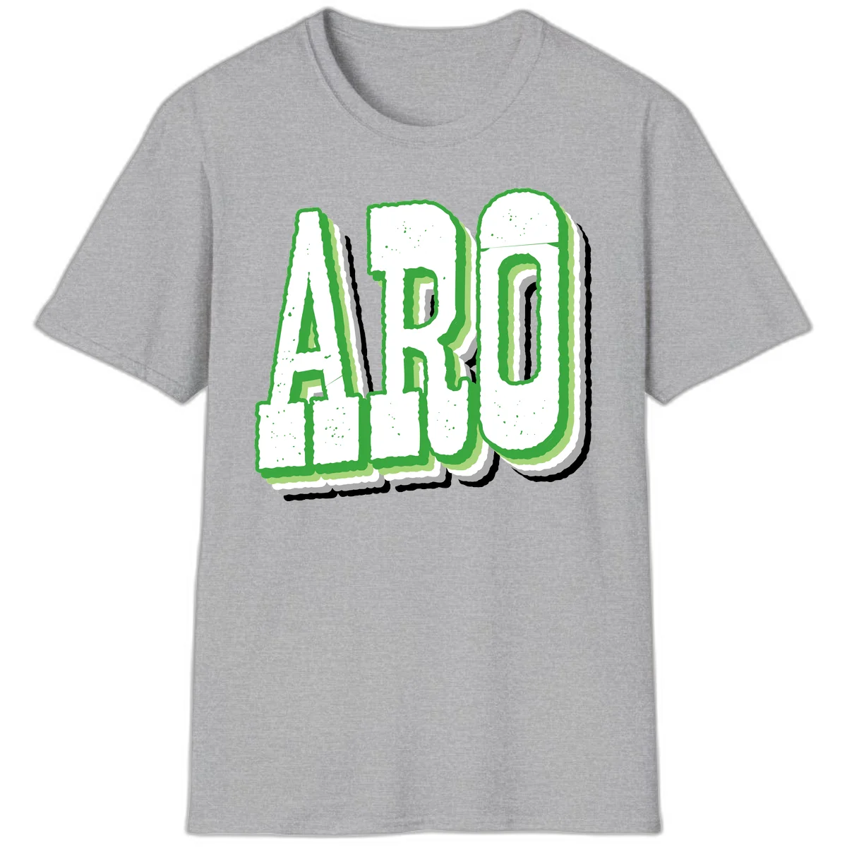 Large 3D block letters spelling ARO in green with textured speckled surface and layered shadow effect in Sport Grey