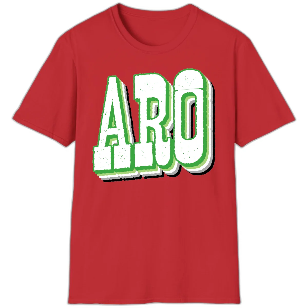 Large 3D block letters spelling ARO in green with textured speckled surface and layered shadow effect in Red