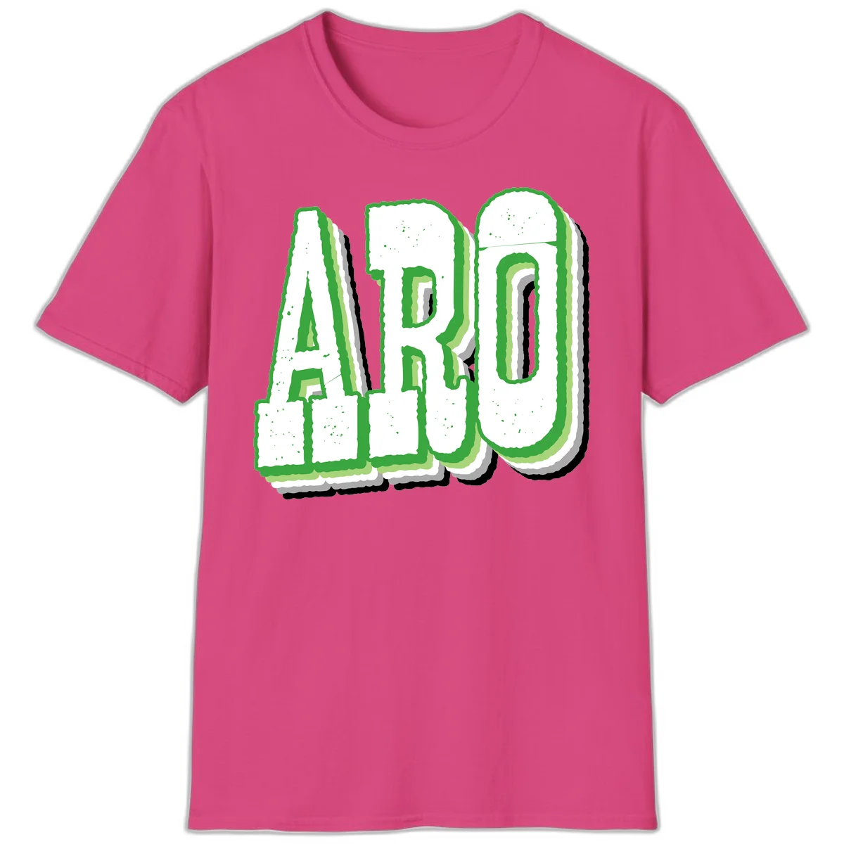 Large 3D block letters spelling ARO in green with textured speckled surface and layered shadow effect in Heliconia