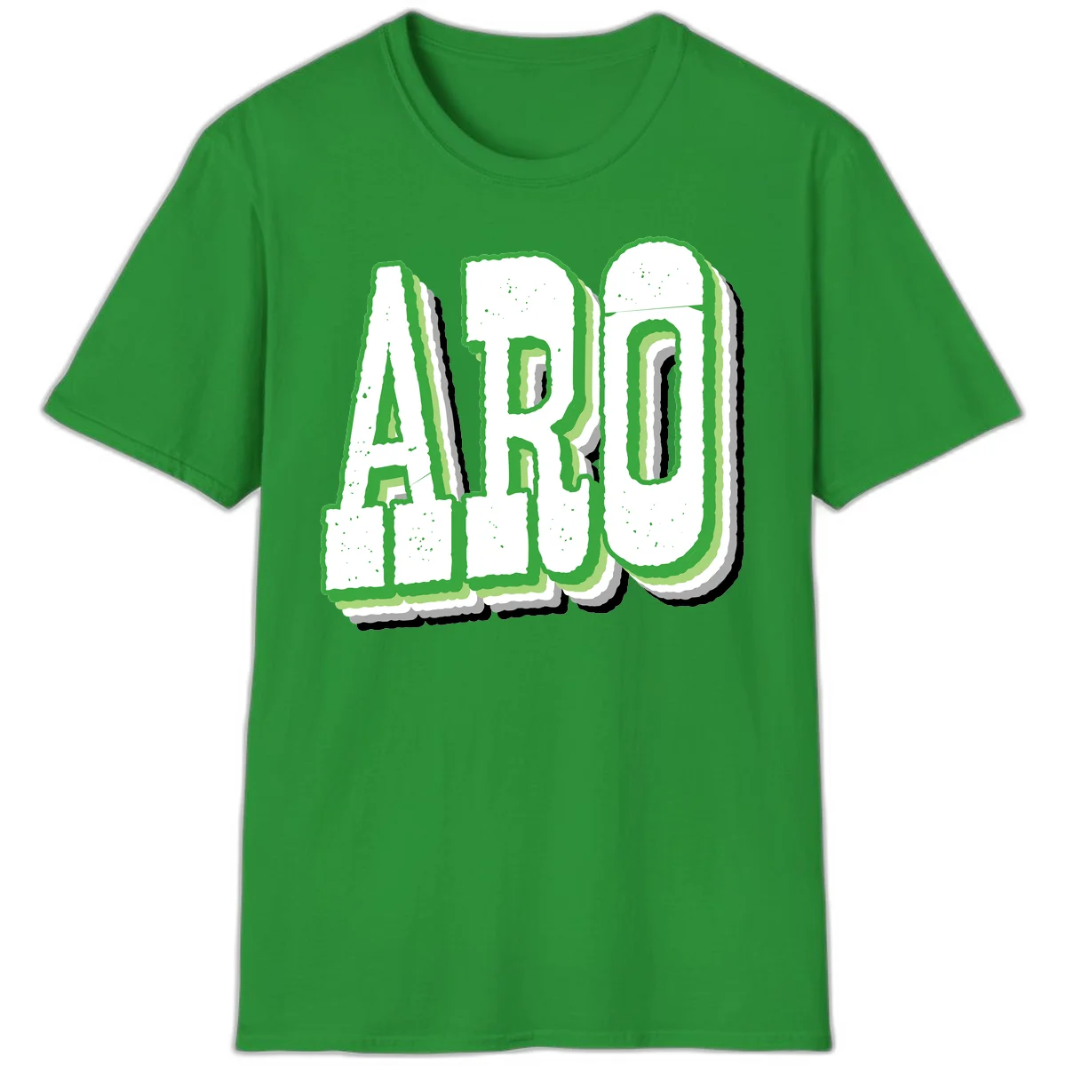 Large 3D block letters spelling ARO in green with textured speckled surface and layered shadow effect in Irish Green