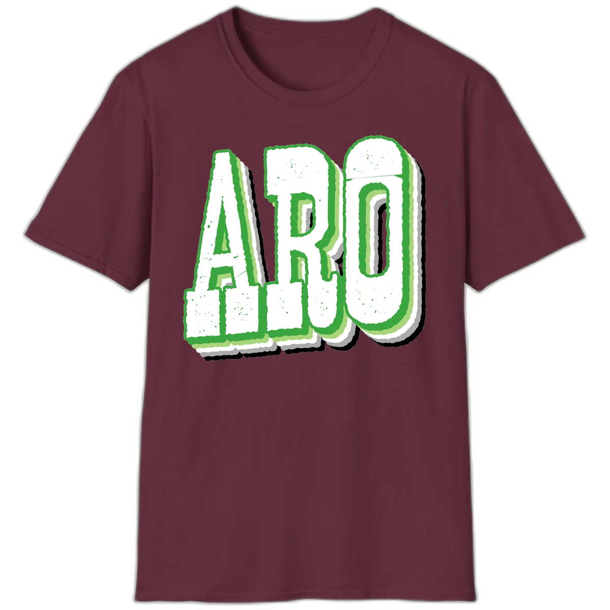 Large 3D block letters spelling ARO in green with textured speckled surface and layered shadow effect in Maroon