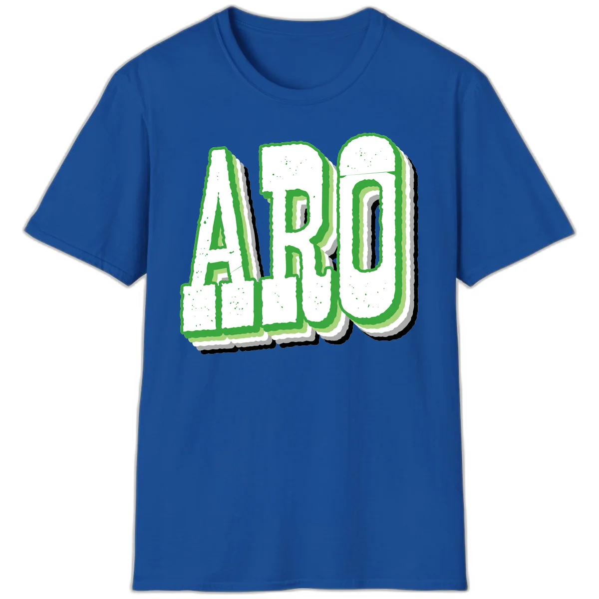 Large 3D block letters spelling ARO in green with textured speckled surface and layered shadow effect in Royal