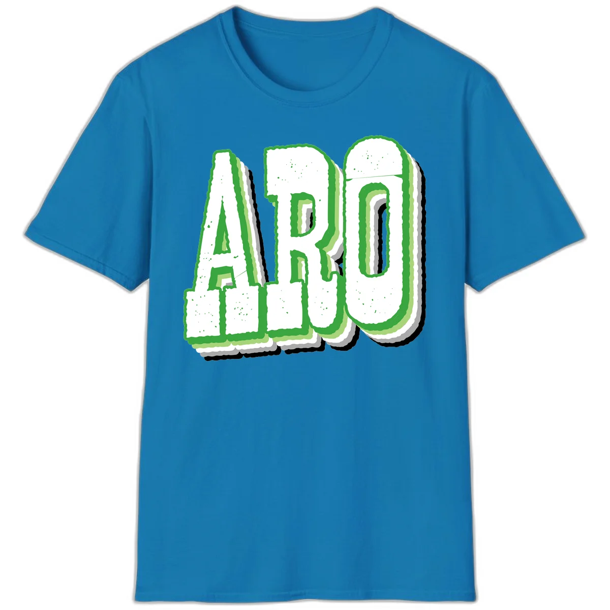 Large 3D block letters spelling ARO in green with textured speckled surface and layered shadow effect in Sapphire