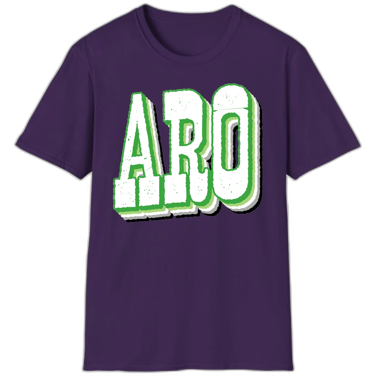 Large 3D block letters spelling ARO in green with textured speckled surface and layered shadow effect in Purple