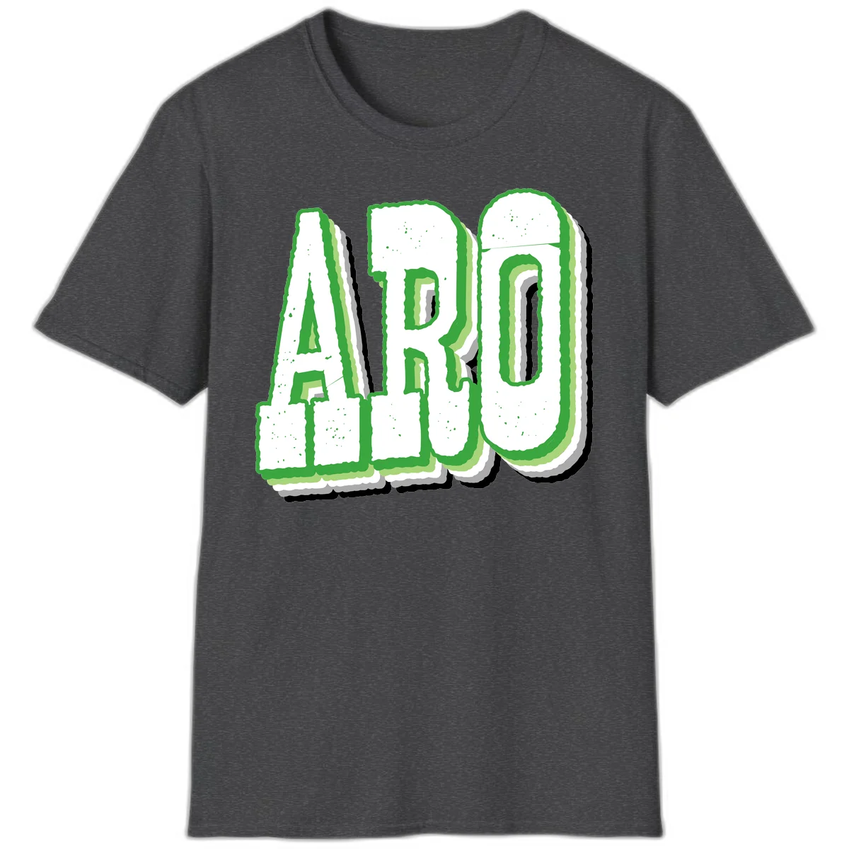 Large 3D block letters spelling ARO in green with textured speckled surface and layered shadow effect in Dark Heather