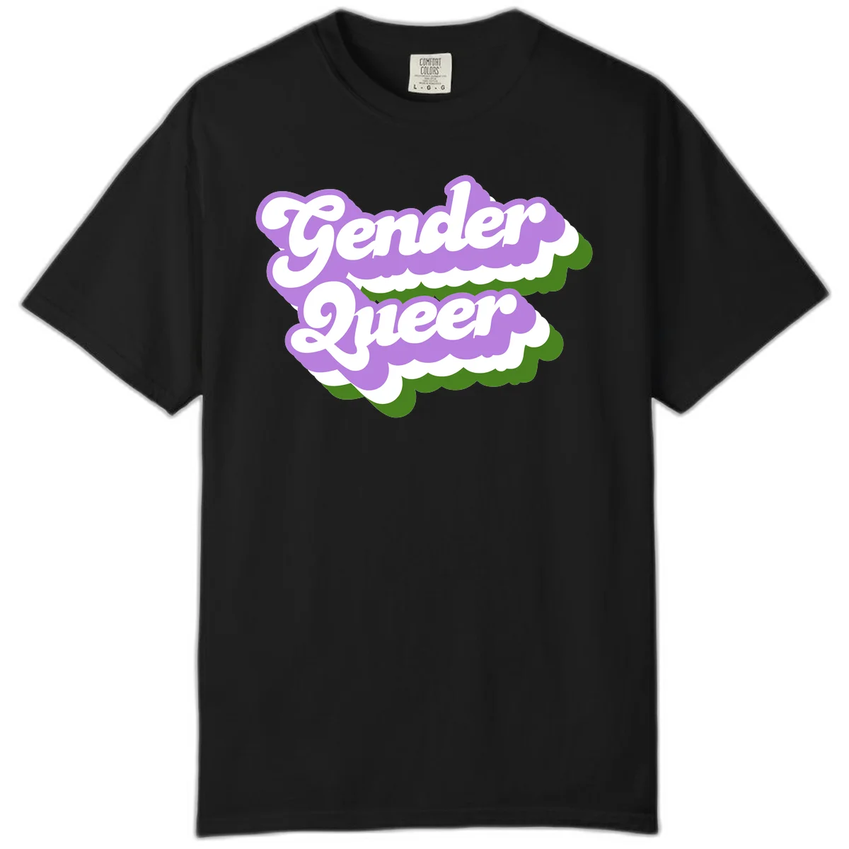 Retro-style gender queer pride design with white text and purple-green scalloped shapes in Black