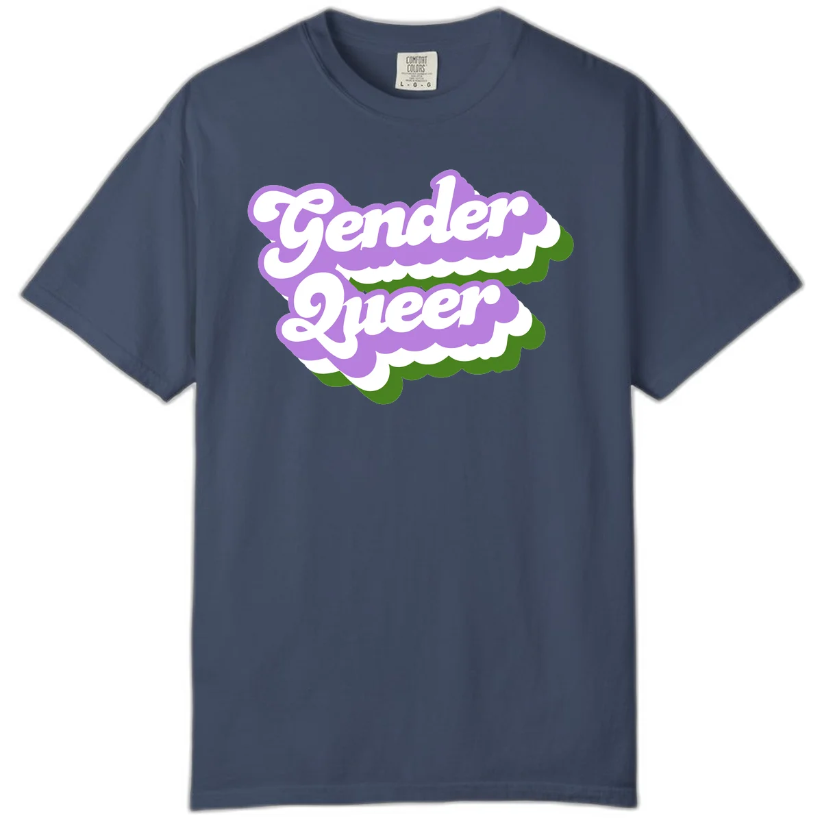 Retro-style gender queer pride design with white text and purple-green scalloped shapes in Midnight