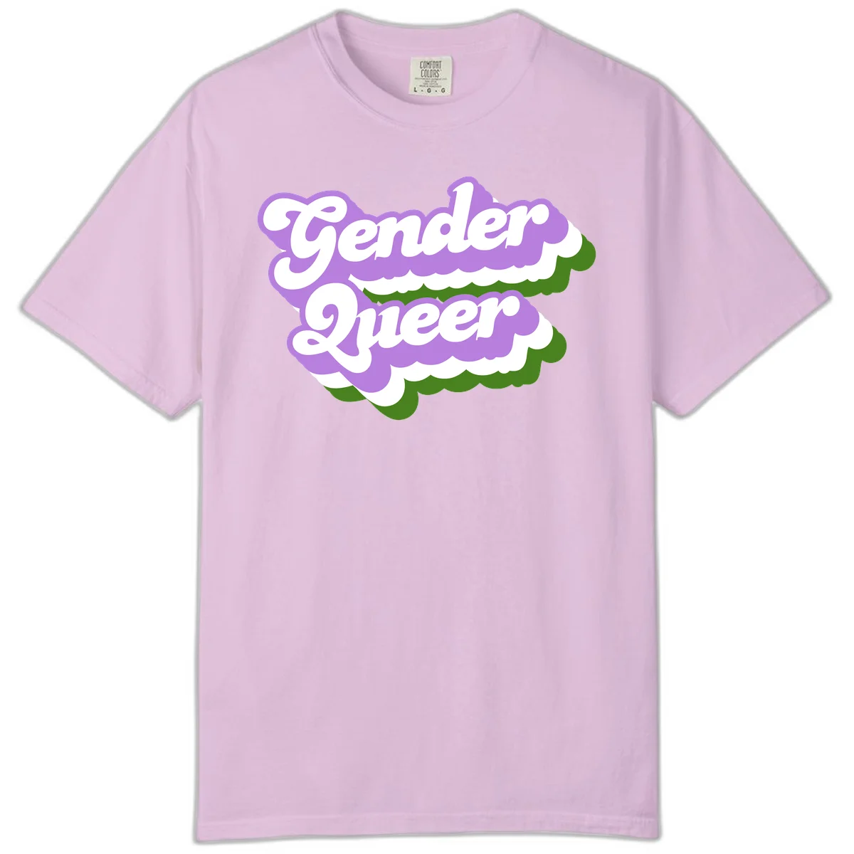 Retro-style gender queer pride design with white text and purple-green scalloped shapes in Orchid