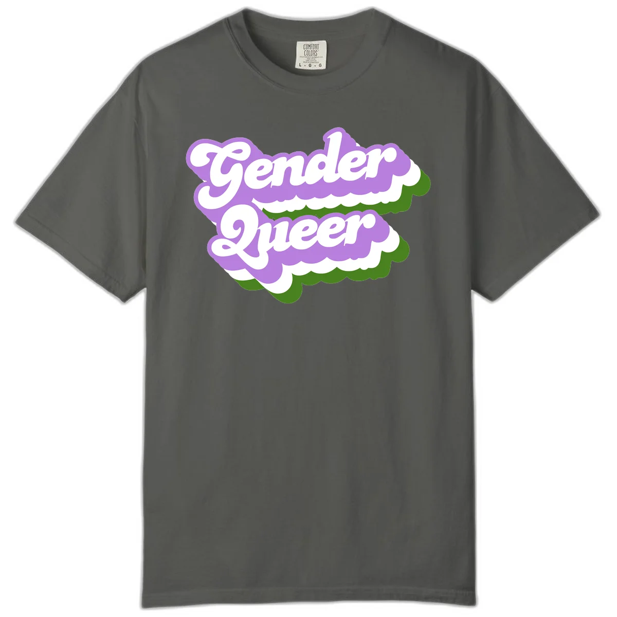 Retro-style gender queer pride design with white text and purple-green scalloped shapes in Pepper