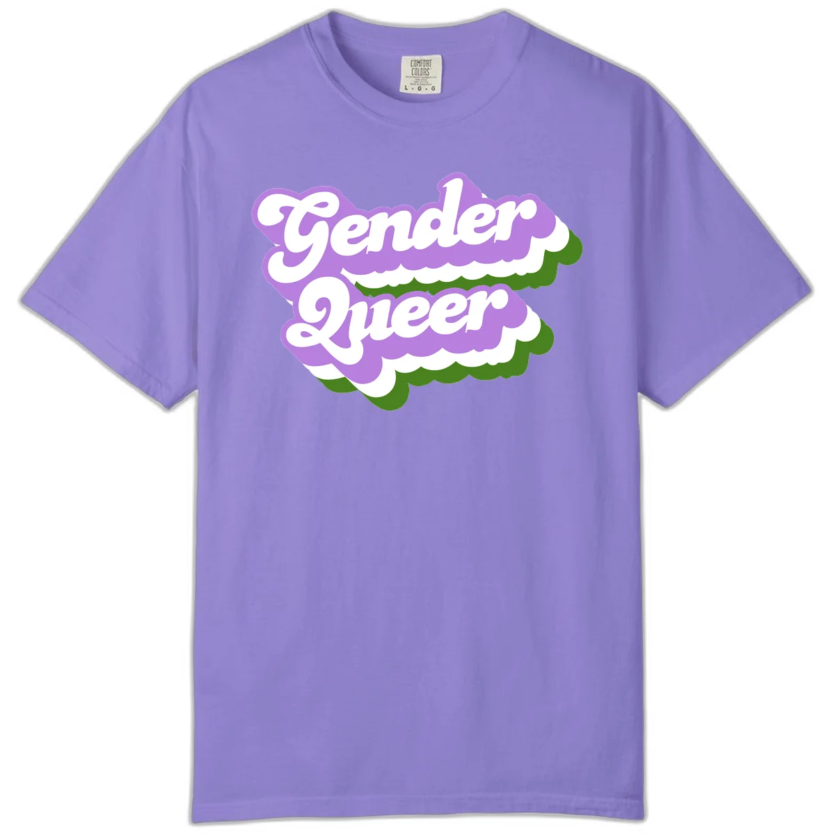 Retro-style gender queer pride design with white text and purple-green scalloped shapes in Violet