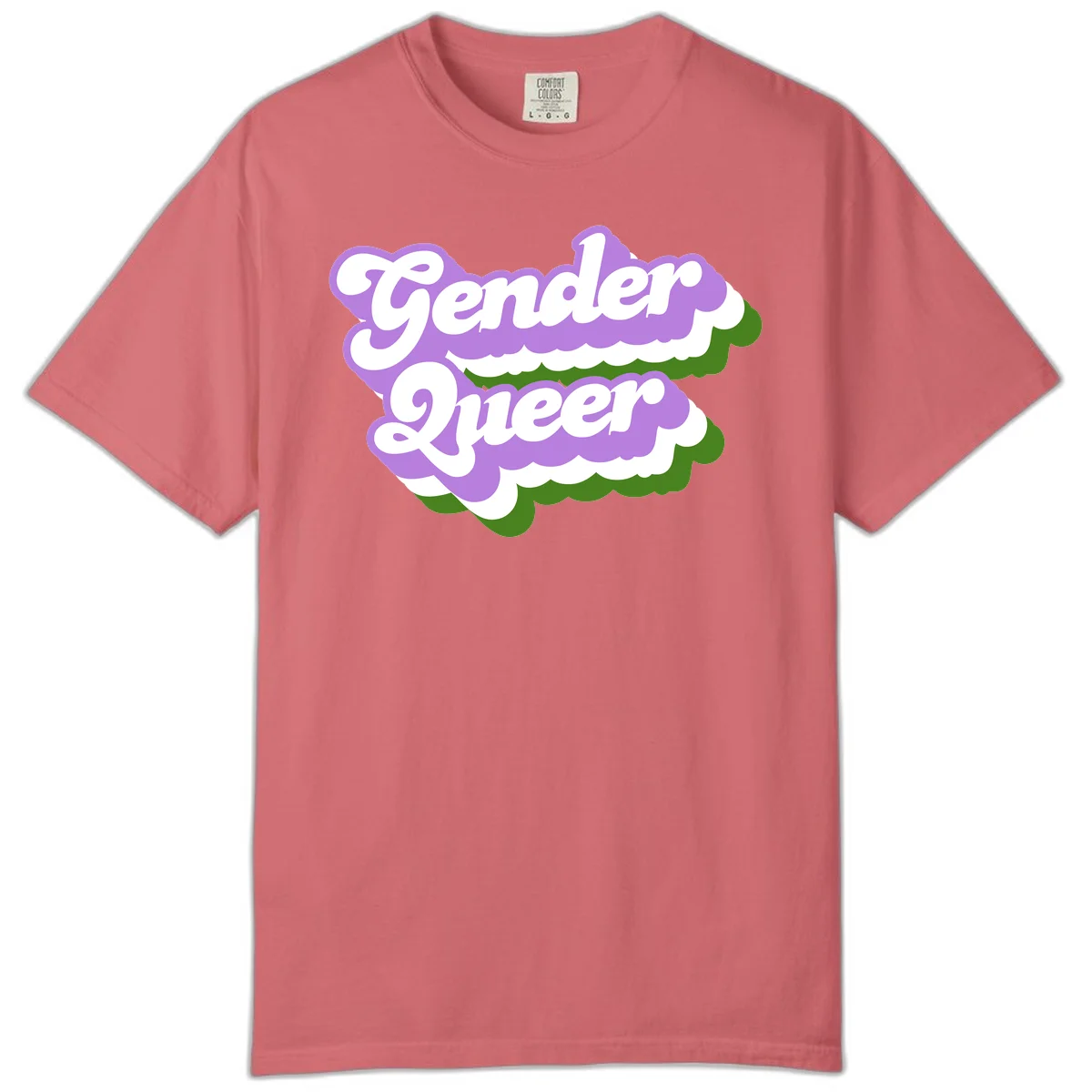 Retro-style gender queer pride design with white text and purple-green scalloped shapes in Watermelon