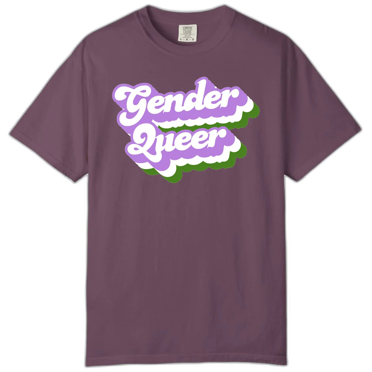 Retro-style gender queer pride design with white text and purple-green scalloped shapes in Berry