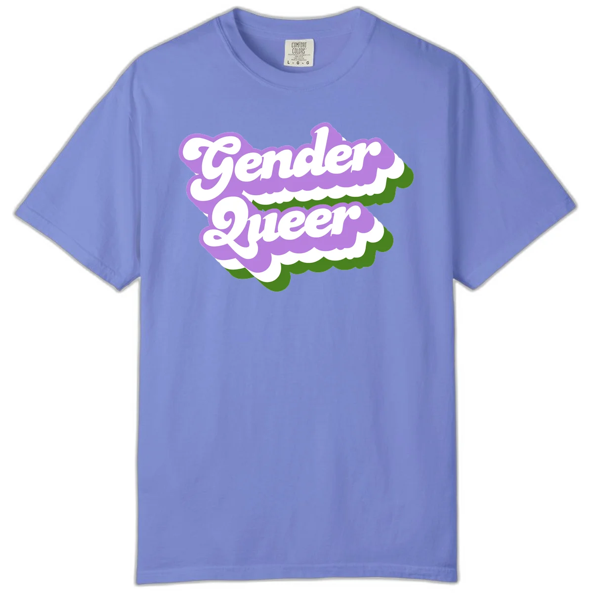Retro-style gender queer pride design with white text and purple-green scalloped shapes in Flo Blue
