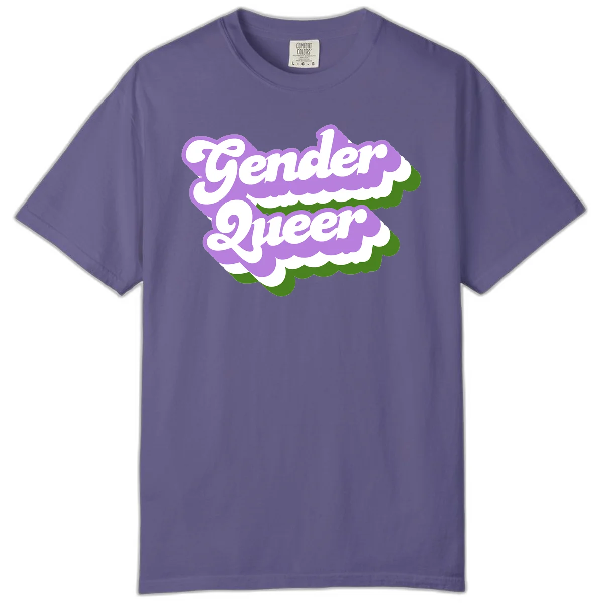 Retro-style gender queer pride design with white text and purple-green scalloped shapes in Grape