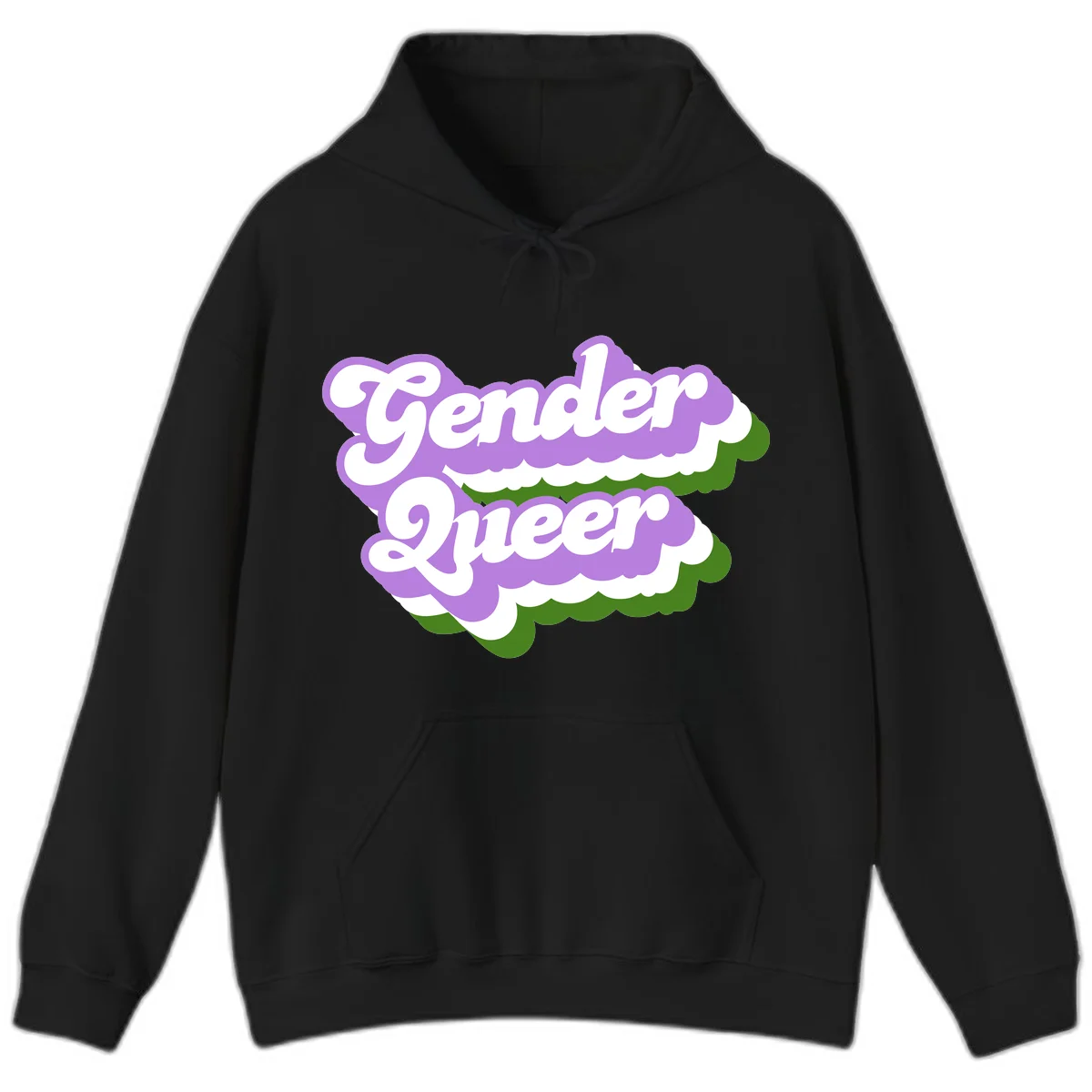 Retro-style gender queer pride design with white text and purple-green scalloped shapes in Black