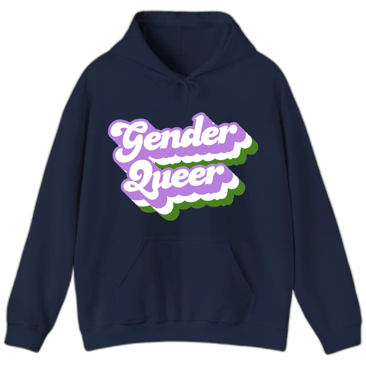 Retro-style gender queer pride design with white text and purple-green scalloped shapes in Navy