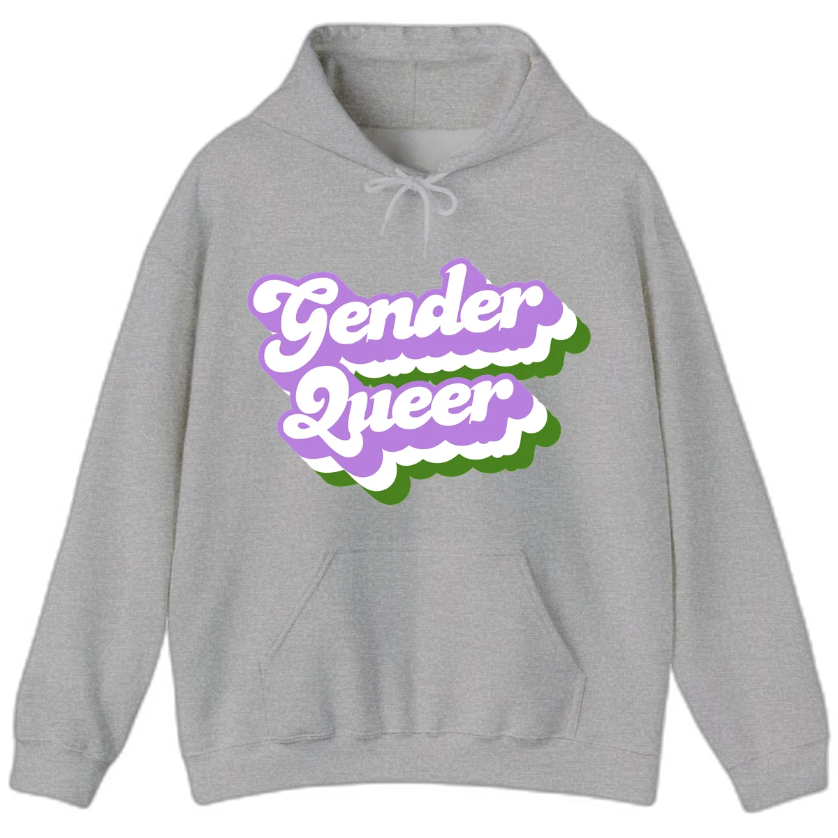Retro-style gender queer pride design with white text and purple-green scalloped shapes in Sport Grey