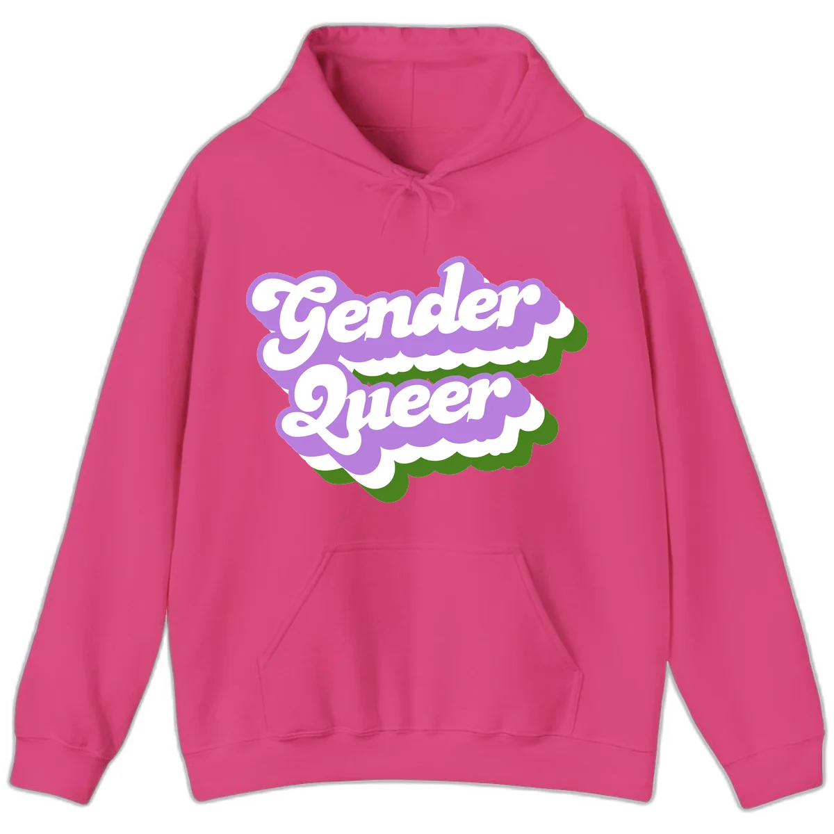 Retro-style gender queer pride design with white text and purple-green scalloped shapes in Heliconia