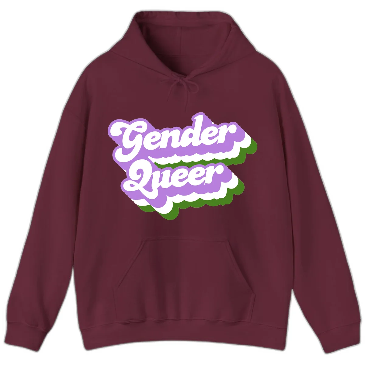 Retro-style gender queer pride design with white text and purple-green scalloped shapes in Maroon