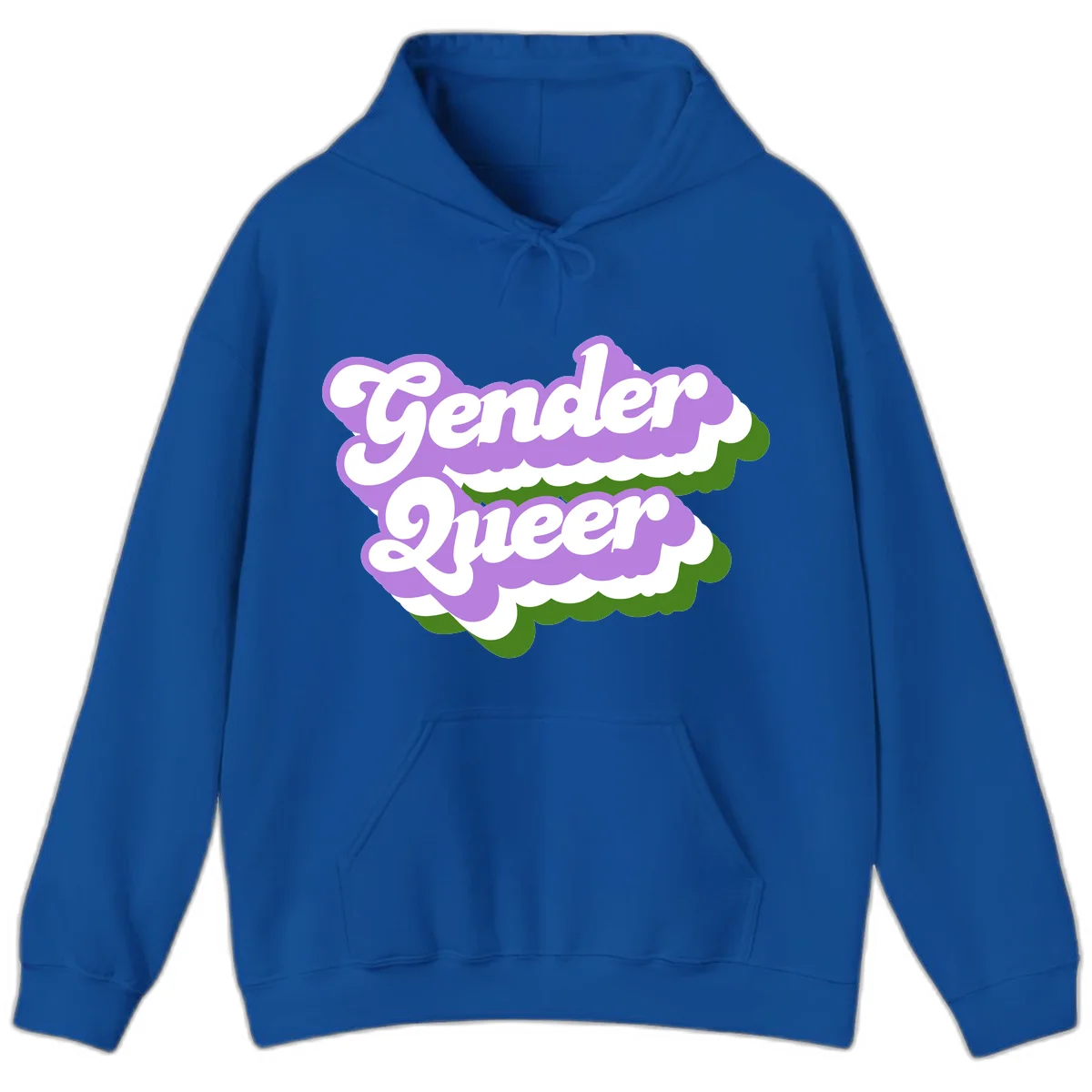 Retro-style gender queer pride design with white text and purple-green scalloped shapes in Royal