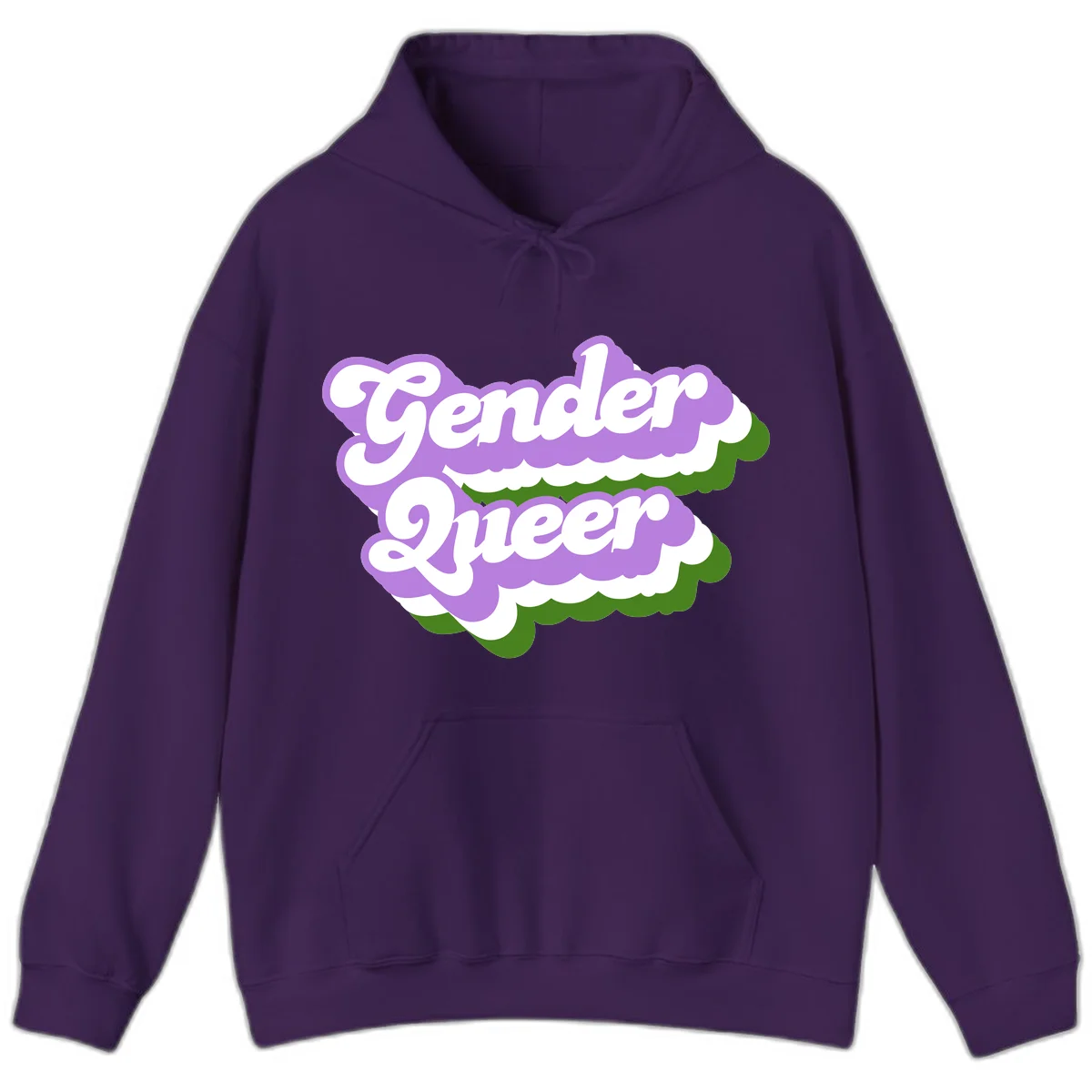 Retro-style gender queer pride design with white text and purple-green scalloped shapes in Purple