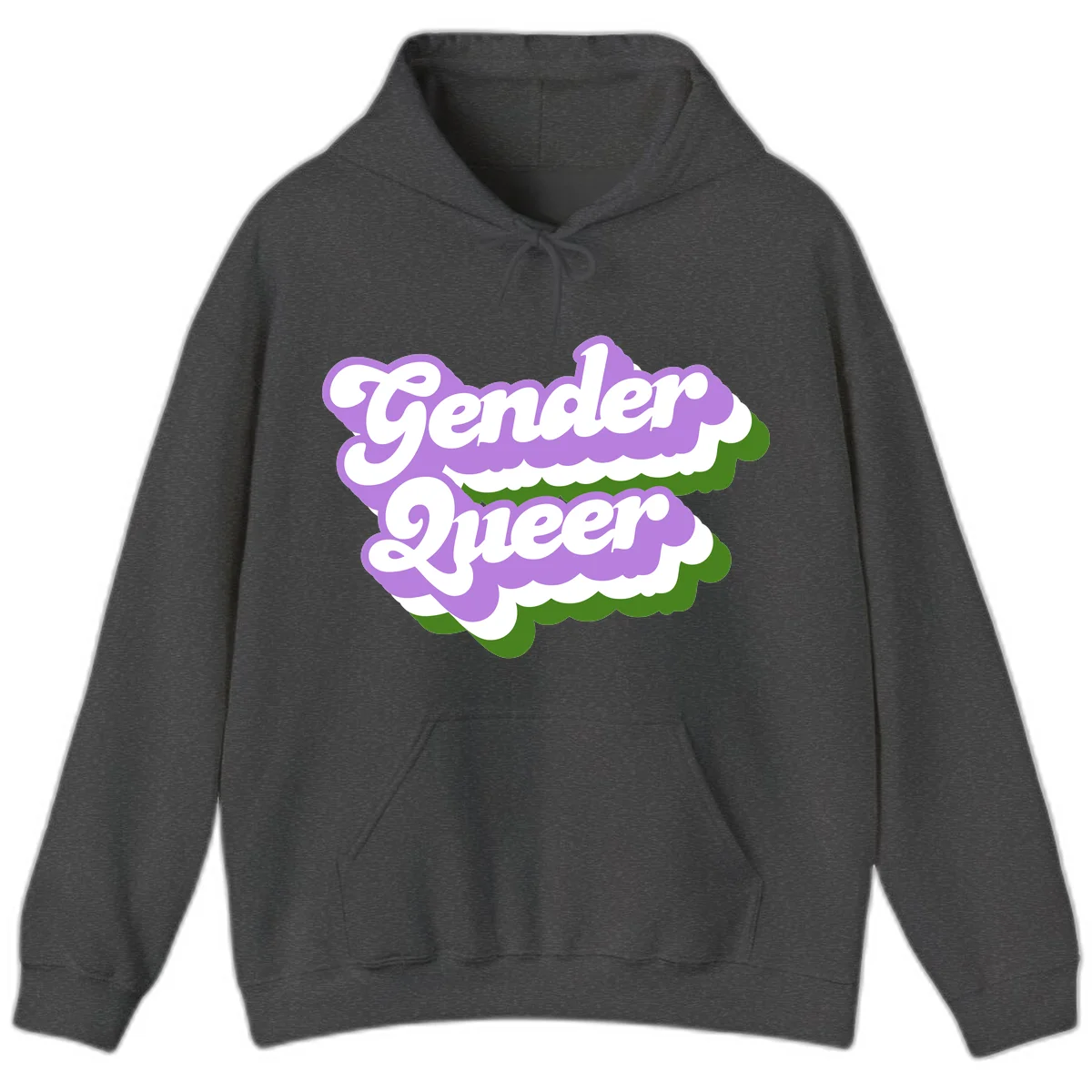 Retro-style gender queer pride design with white text and purple-green scalloped shapes in Dark Heather