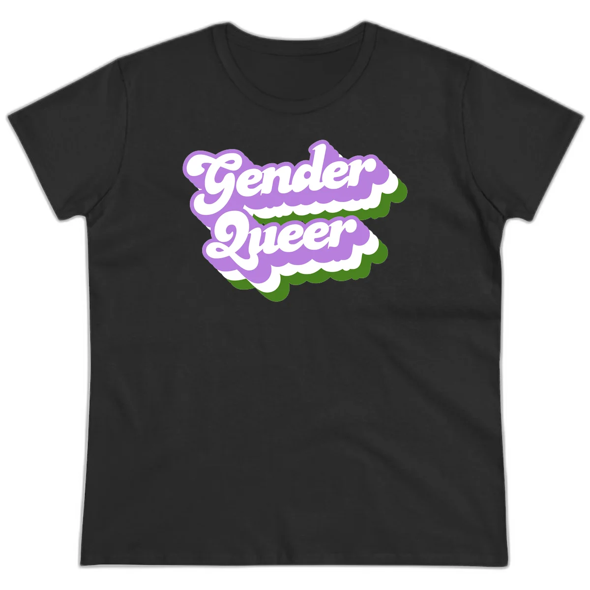 Retro-style gender queer pride design with white text and purple-green scalloped shapes in Black
