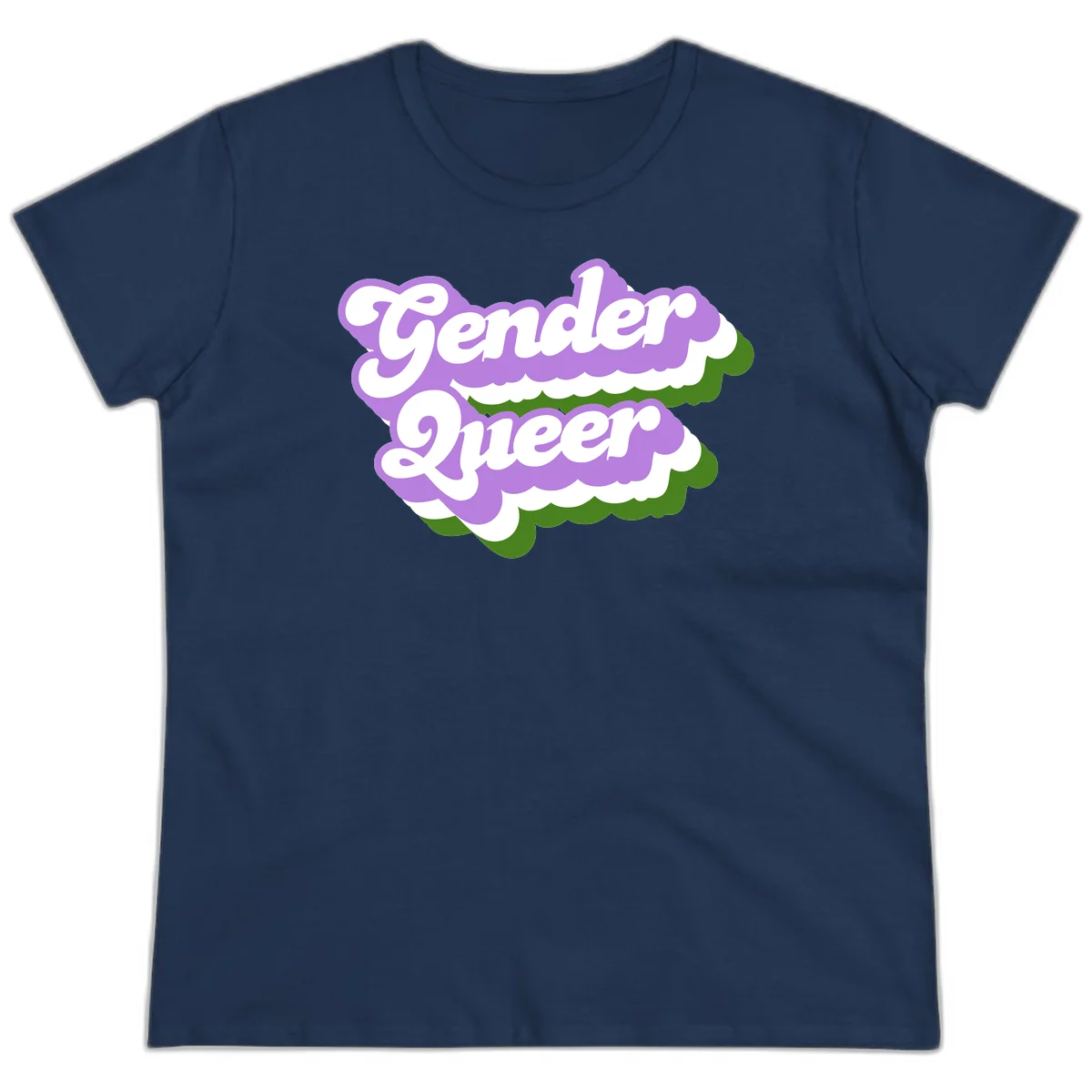 Retro-style gender queer pride design with white text and purple-green scalloped shapes in Navy