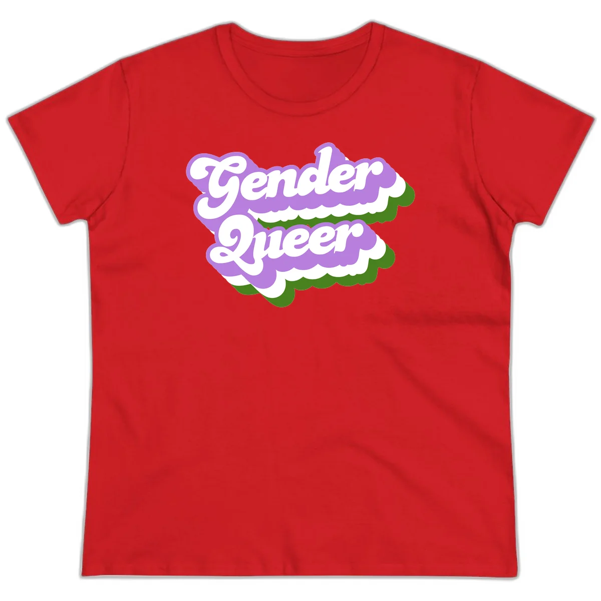 Retro-style gender queer pride design with white text and purple-green scalloped shapes in Red