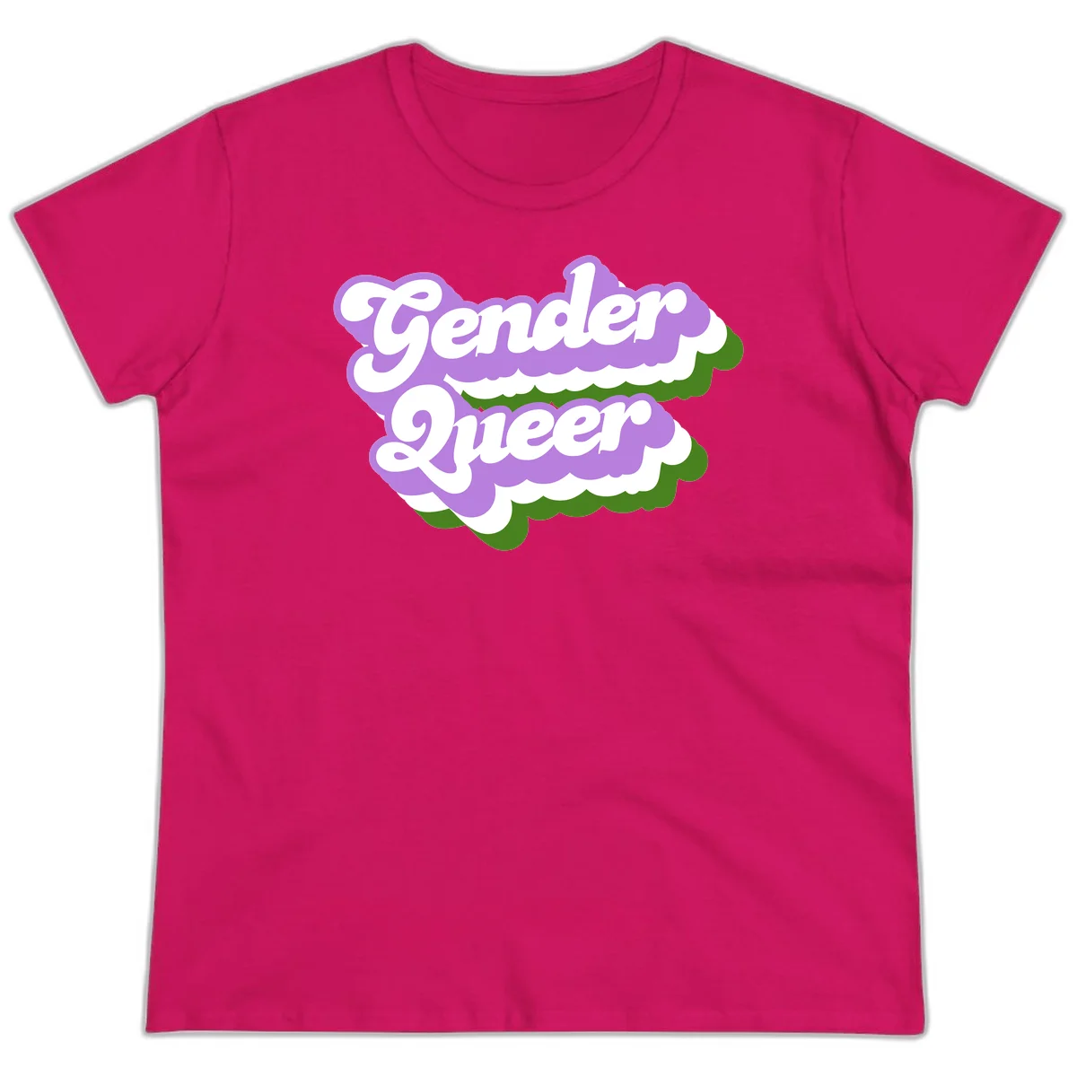 Retro-style gender queer pride design with white text and purple-green scalloped shapes in Heliconia