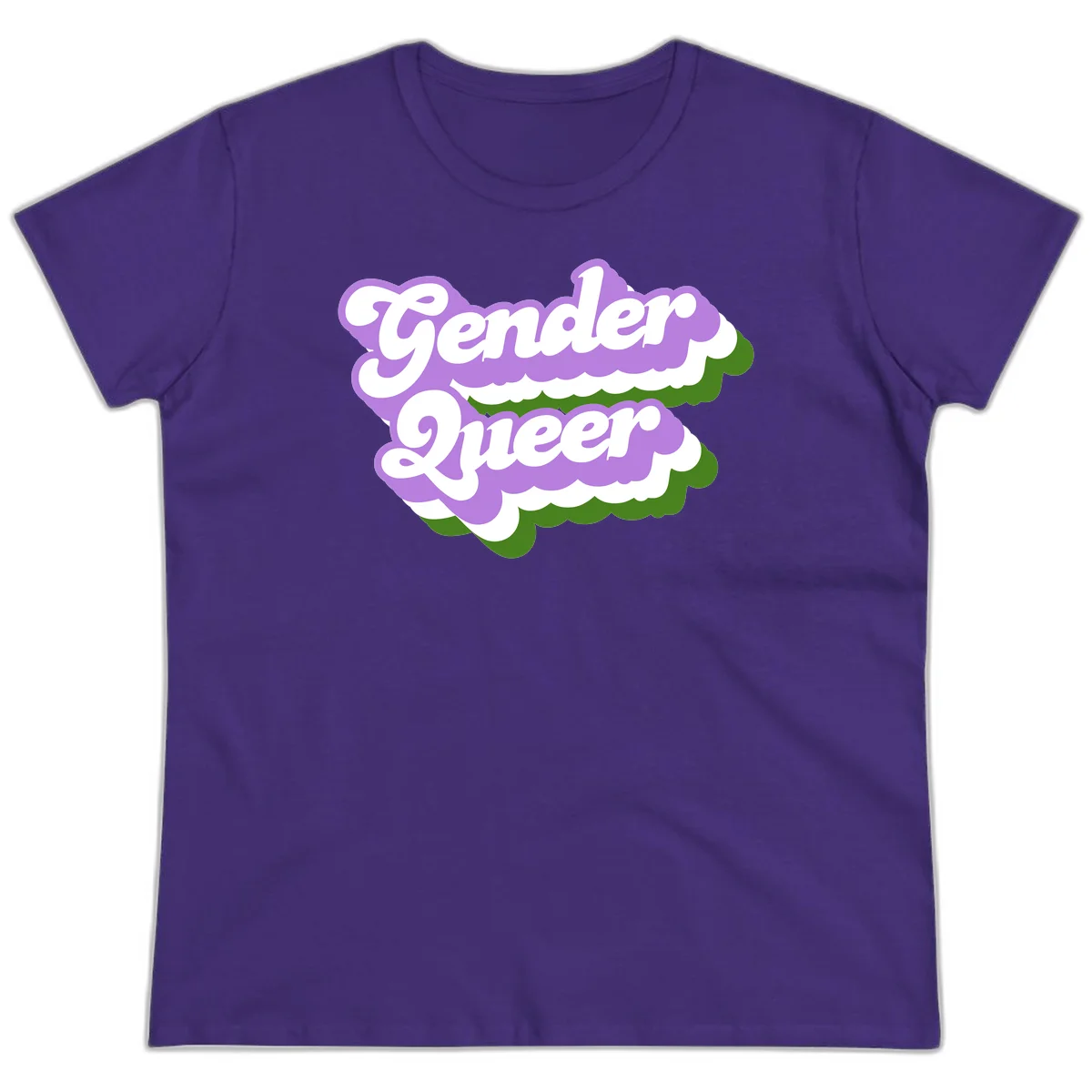 Retro-style gender queer pride design with white text and purple-green scalloped shapes in Purple