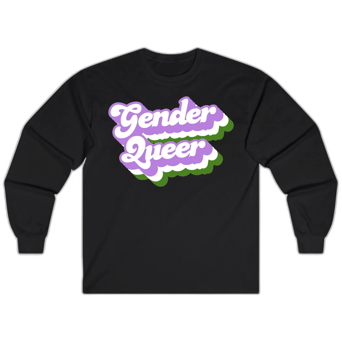 Retro-style gender queer pride design with white text and purple-green scalloped shapes in Black