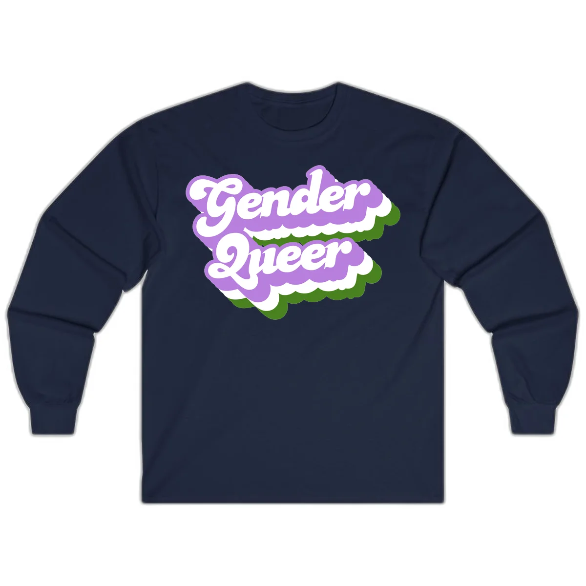 Retro-style gender queer pride design with white text and purple-green scalloped shapes in Navy
