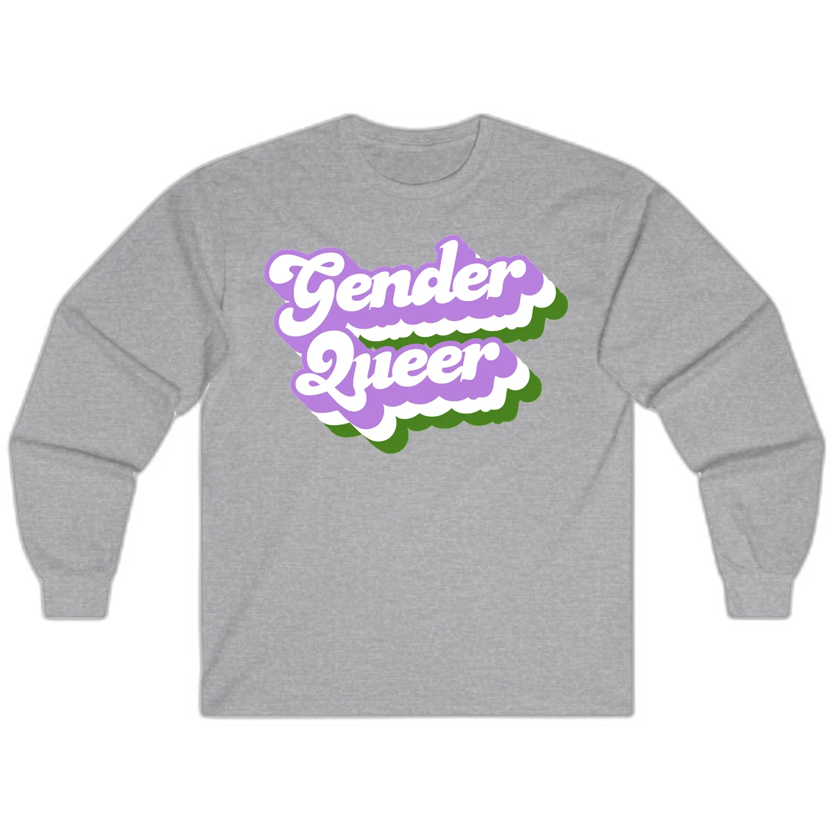 Retro-style gender queer pride design with white text and purple-green scalloped shapes in Sport Grey