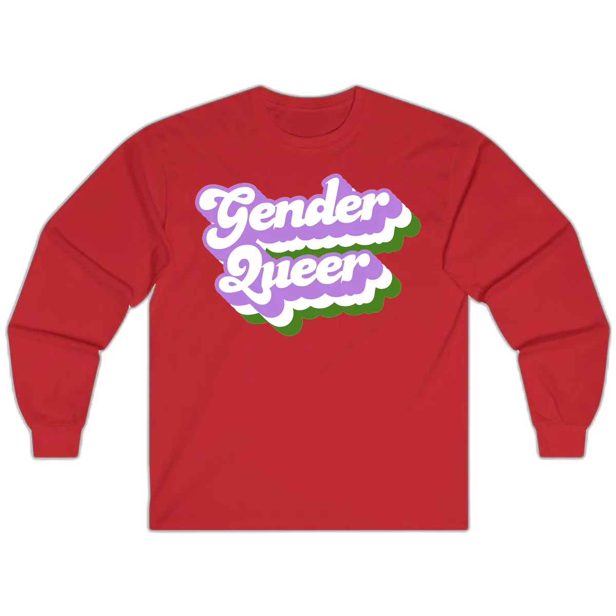 Retro-style gender queer pride design with white text and purple-green scalloped shapes in Red