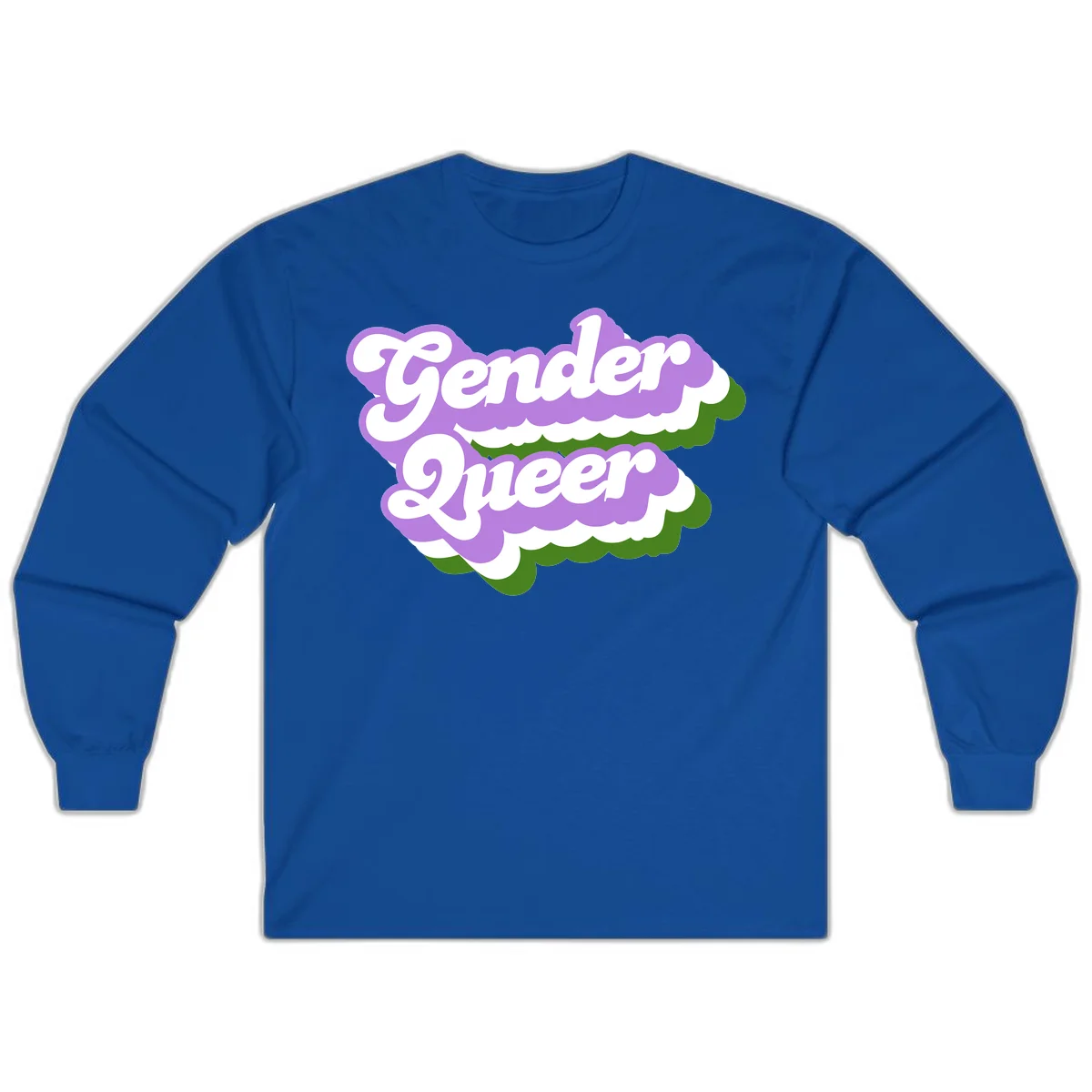 Retro-style gender queer pride design with white text and purple-green scalloped shapes in Royal