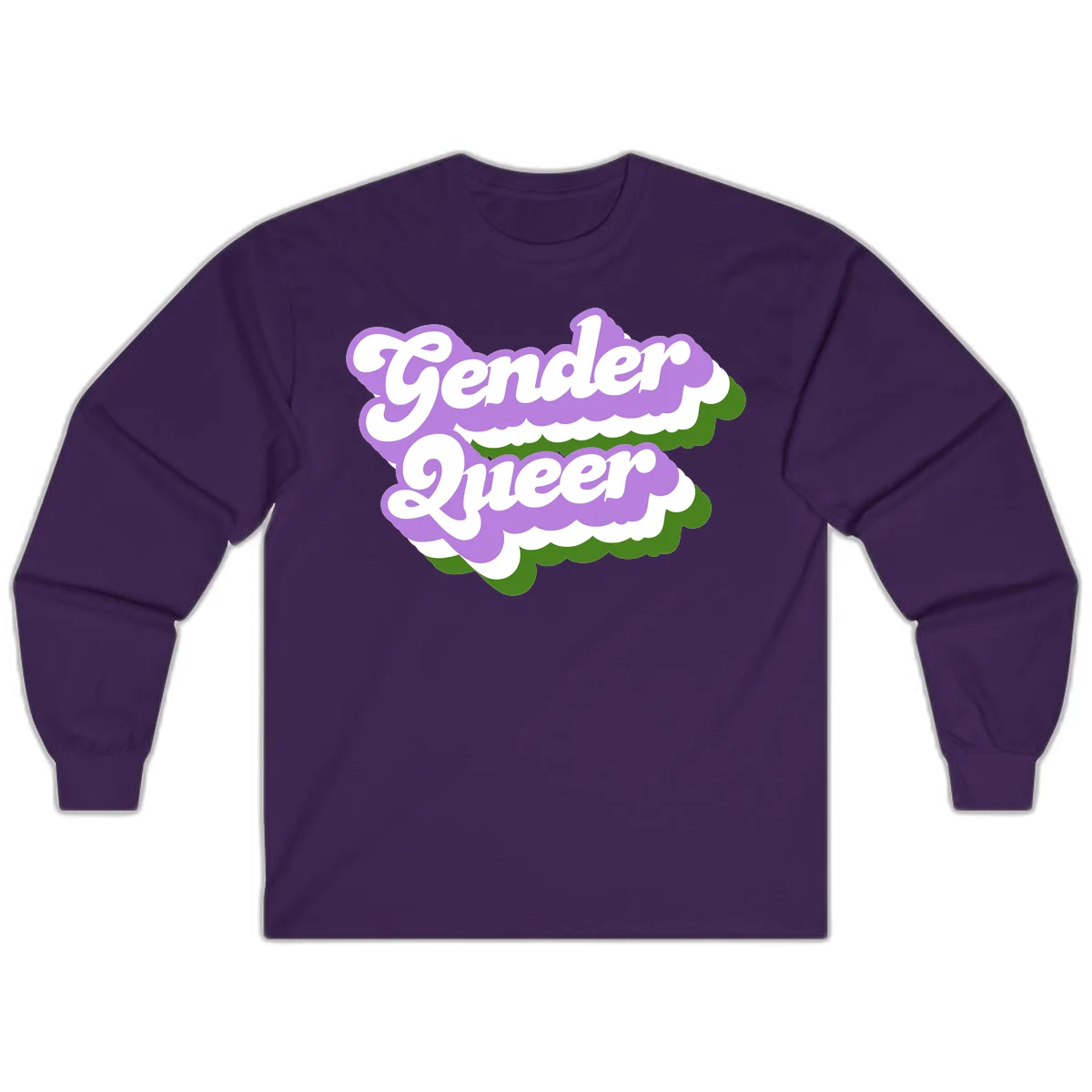 Retro-style gender queer pride design with white text and purple-green scalloped shapes in Purple